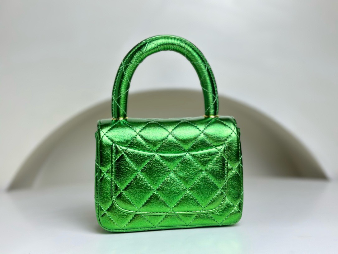 Bagsaaa Ch**el Vintage Green Leather Top handle Flap Bag - 18cm