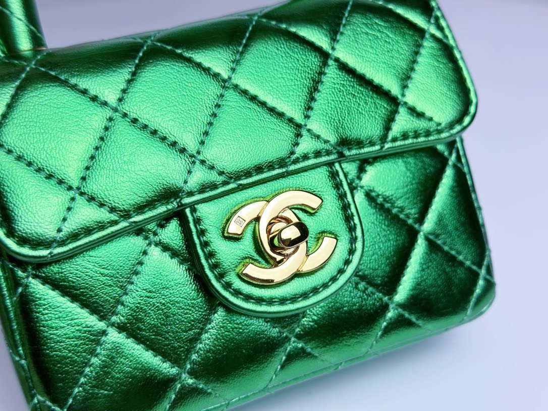 Bagsaaa Ch**el Vintage Green Leather Top handle Flap Bag - 18cm