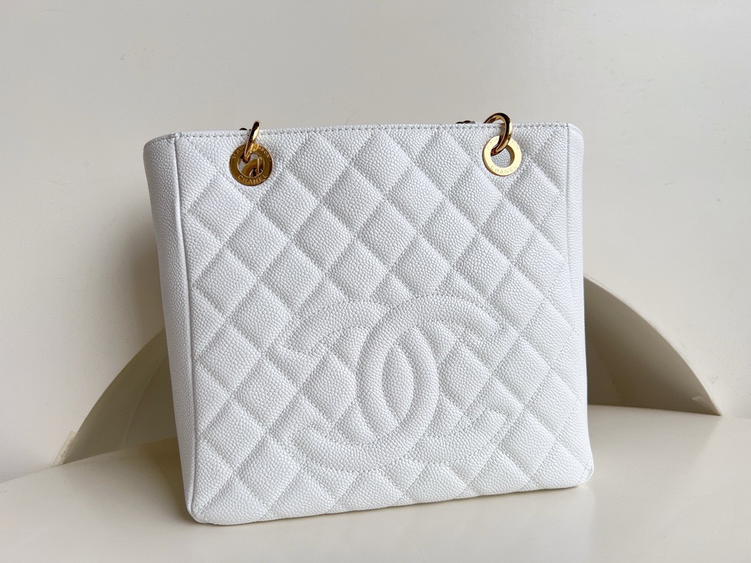 Bagsaaa Ch**el Shopping Tote Caviar Leather In White - 24x25.5cm