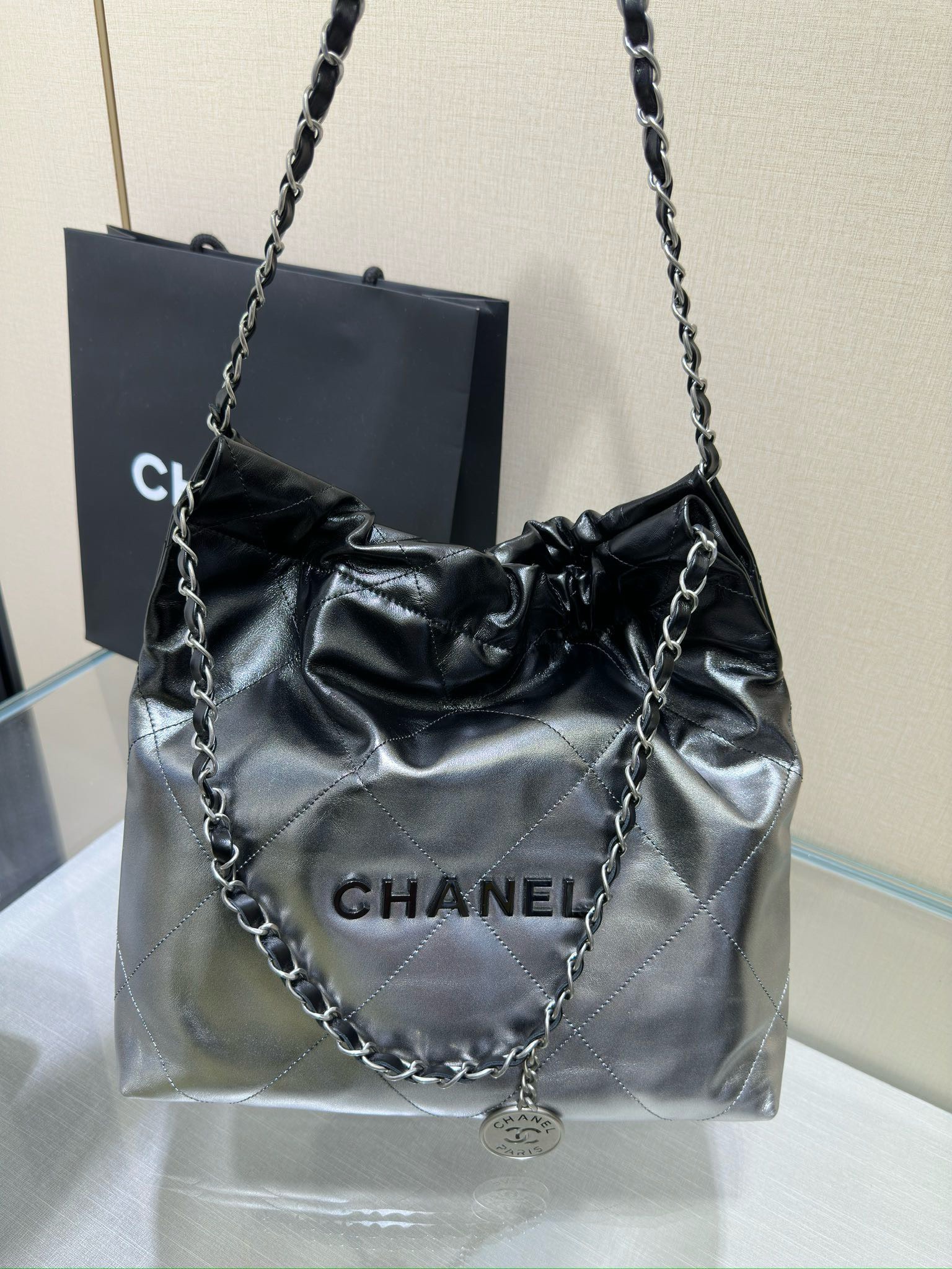 Bagsaaa Ch**el 22 tote bag black and silver - 35x37x7cm