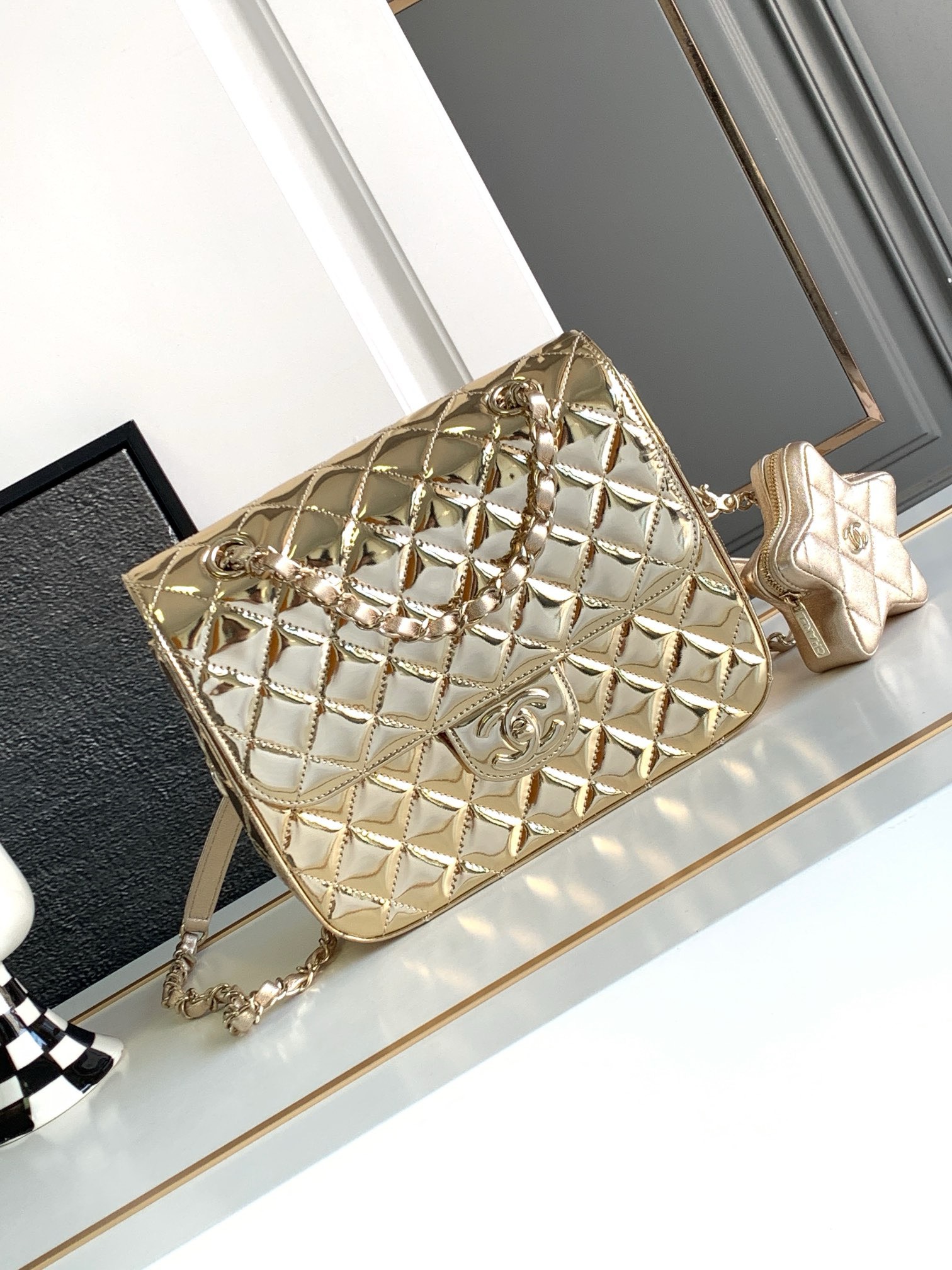 Bagsaaa Ch**el 24C Hollywood gold mirror calfskin leather backpack