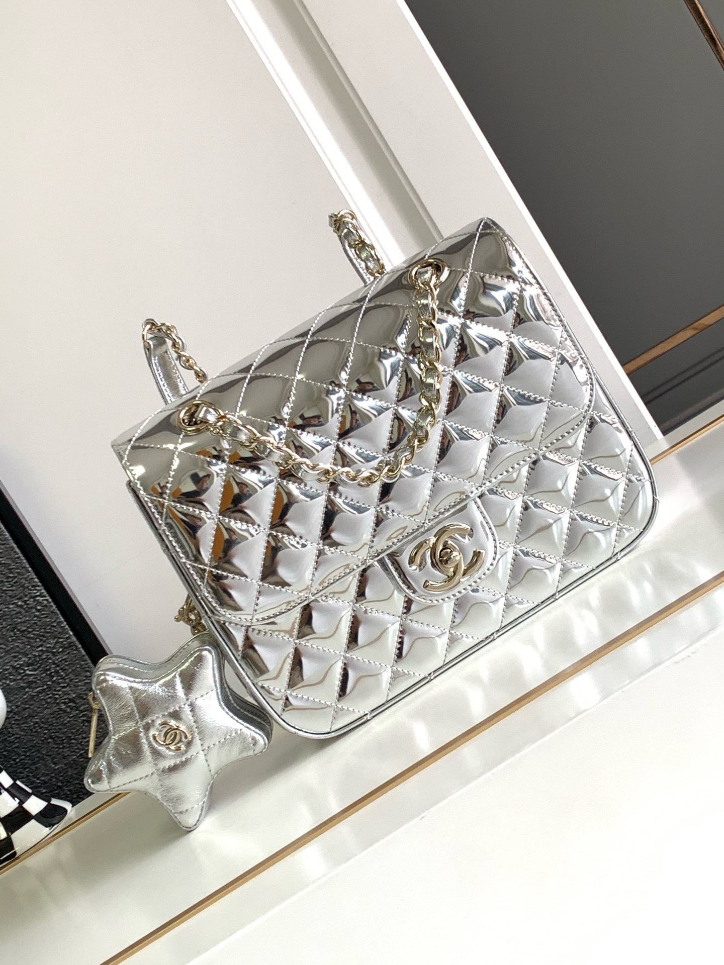 Bagsaaa Ch**el 24C Hollywood silver mirror calfskin leather backpack