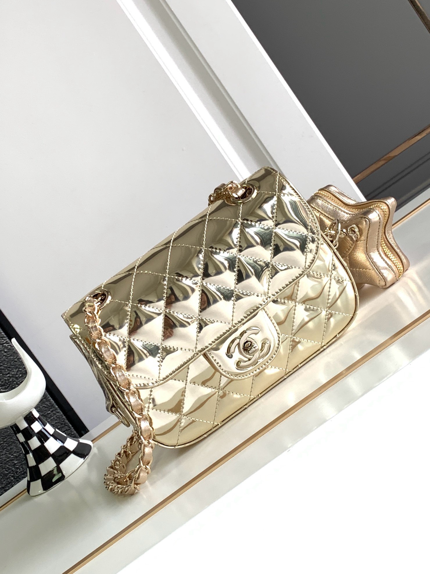 Bagsaaa Ch**el Mini Flap Bag & Star Coin Purse AS4646 Light Gold - 12.5 × 19 × 5 cm
