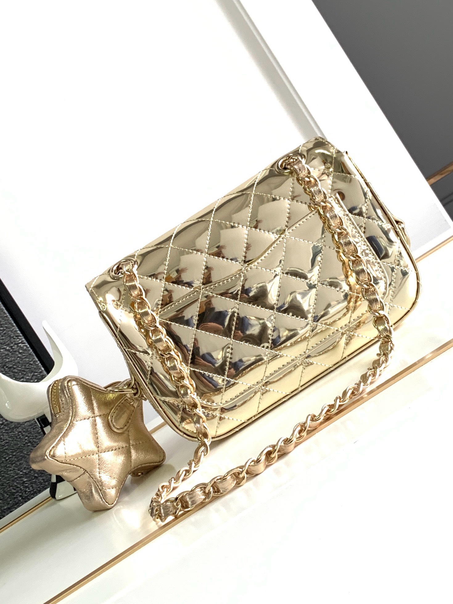 Bagsaaa Ch**el Mini Flap Bag & Star Coin Purse AS4646 Light Gold - 12.5 × 19 × 5 cm
