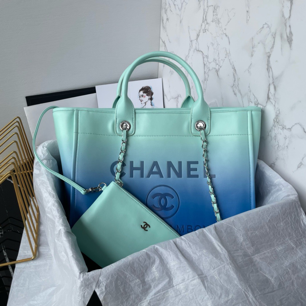 Bagsaaa Ch**el Shopping Bag AS3351 Turquoise & Blue - 26 × 41 × 17 cm