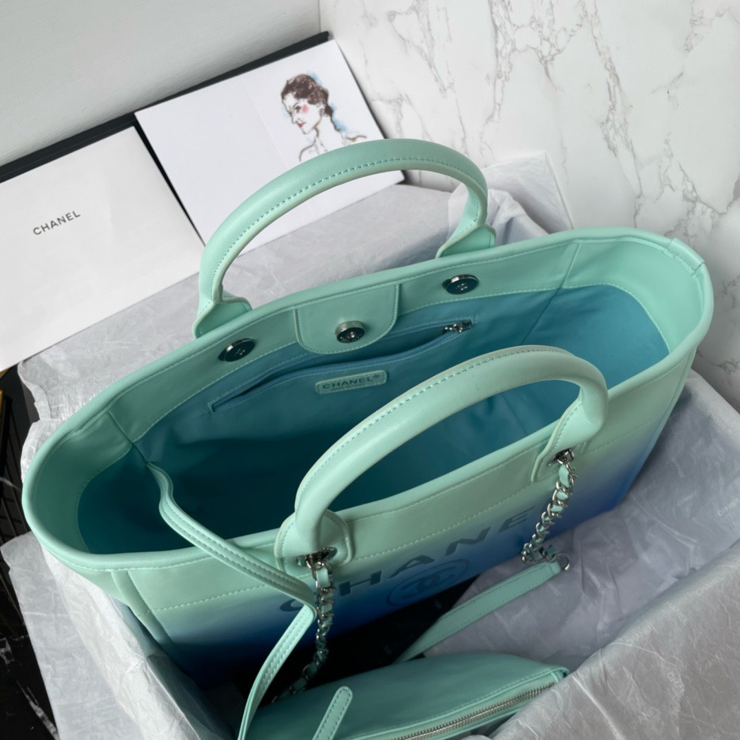 Bagsaaa Ch**el Shopping Bag AS3351 Turquoise & Blue - 26 × 41 × 17 cm
