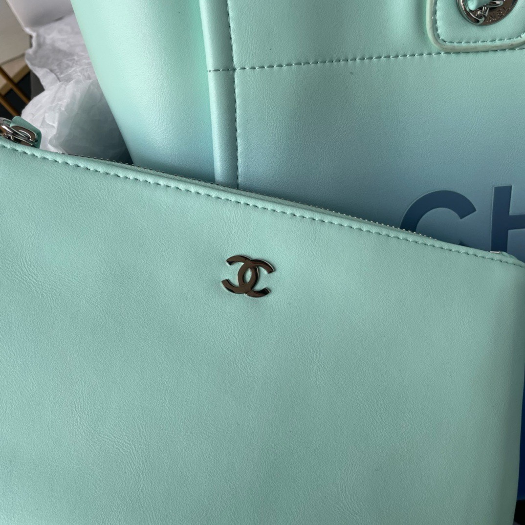 Bagsaaa Ch**el Shopping Bag AS3351 Turquoise & Blue - 26 × 41 × 17 cm