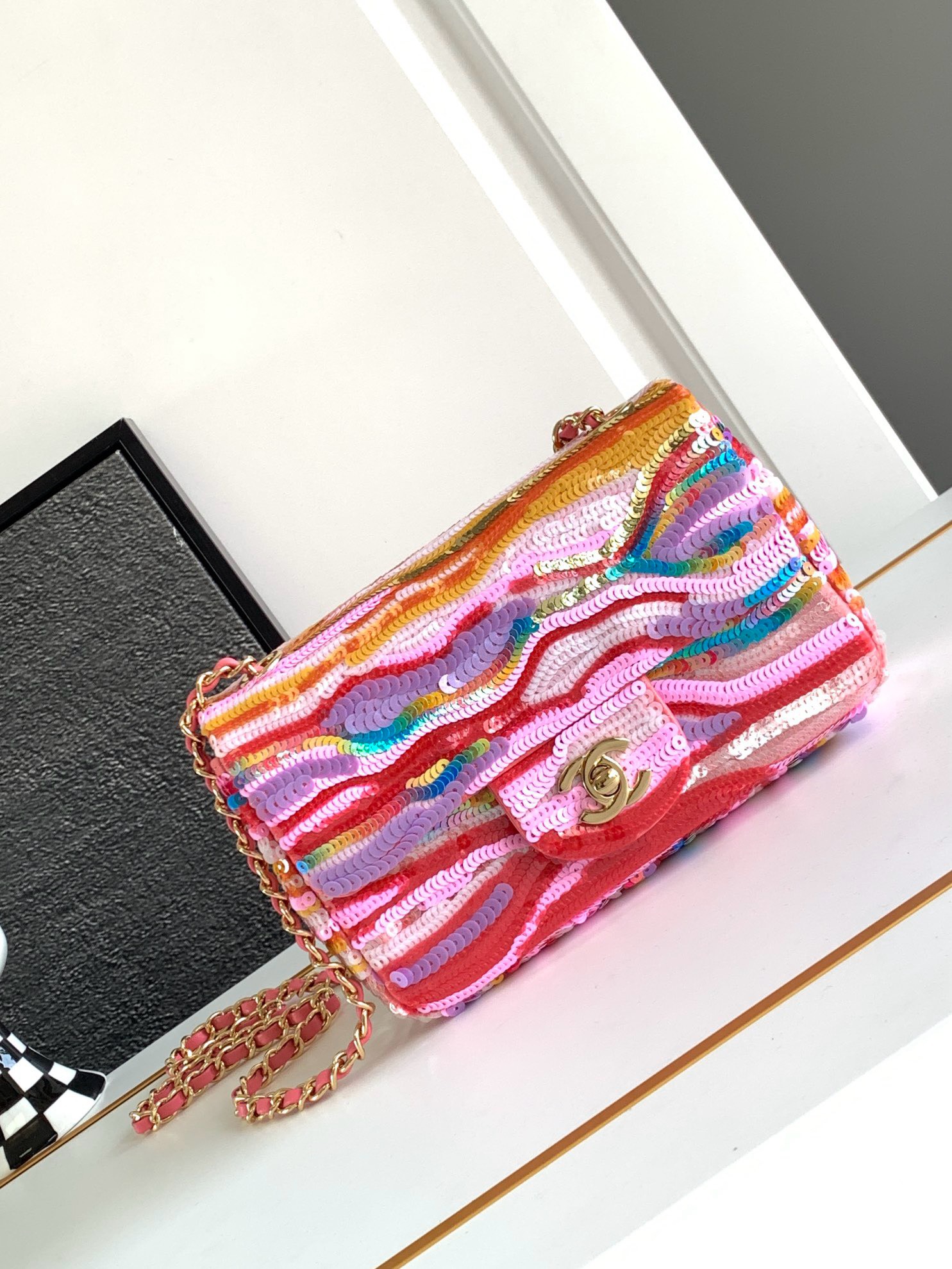 Bagsaaa Ch**el Mini Flap Bag Embroidered Satin, Sequins & Gold-Tone Metal Yellow, Purple & Pink