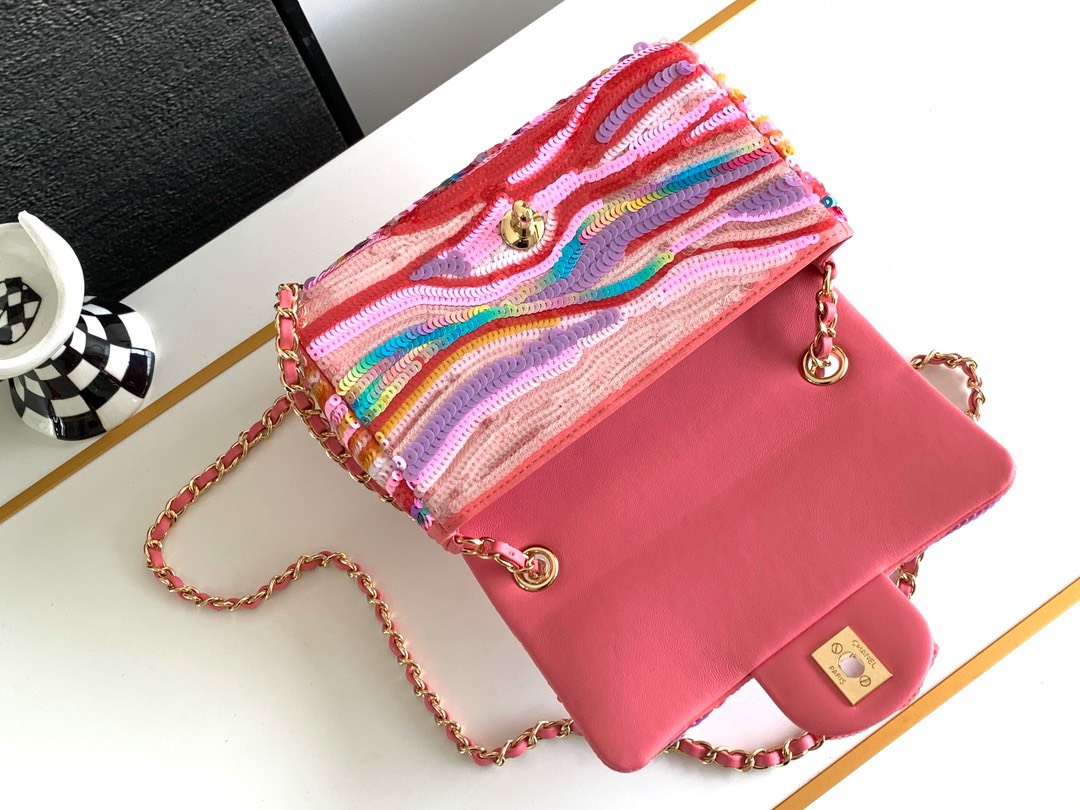 Bagsaaa Ch**el Mini Flap Bag Embroidered Satin, Sequins & Gold-Tone Metal Yellow, Purple & Pink