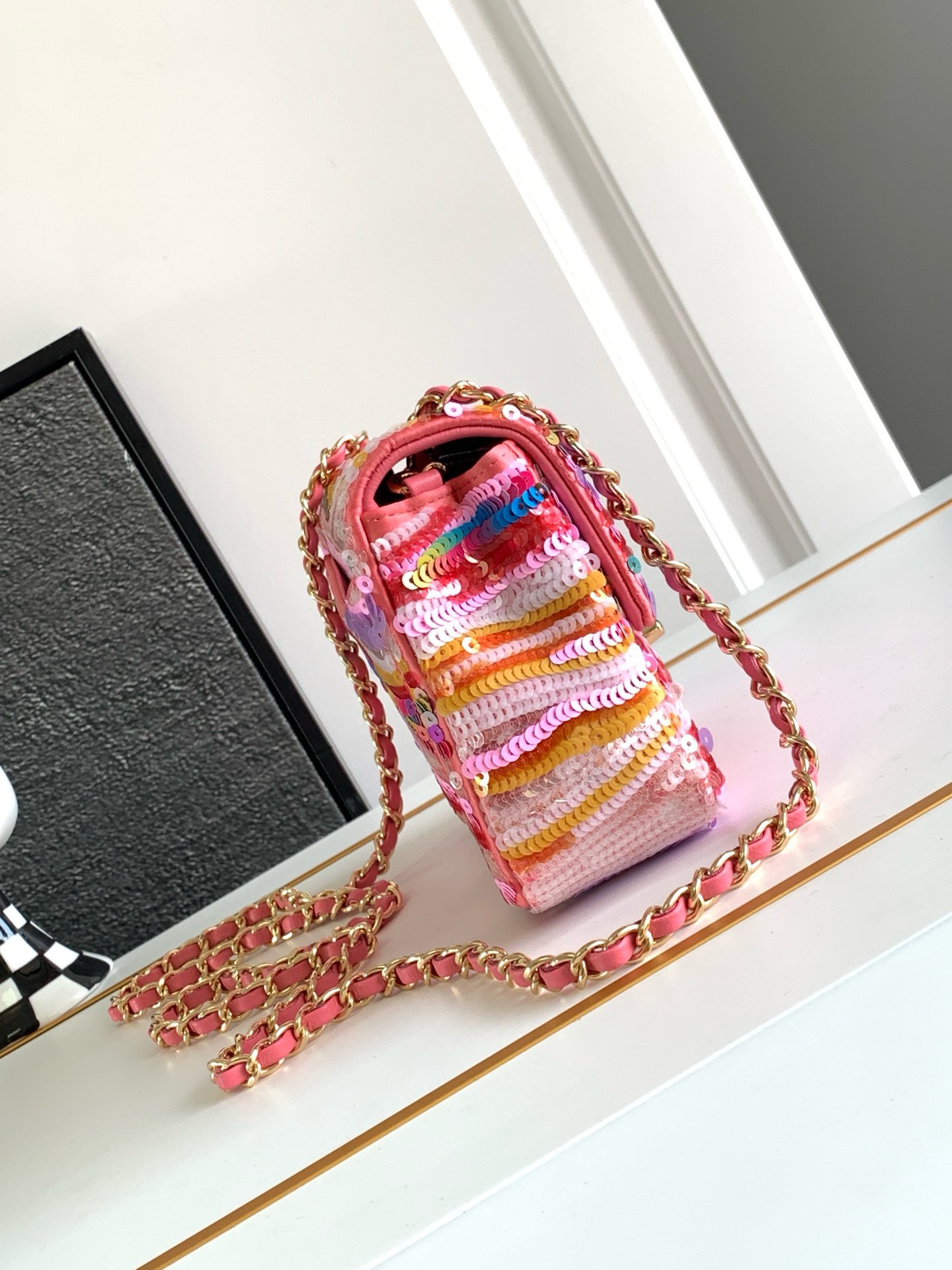 Bagsaaa Ch**el Mini Flap Bag Embroidered Satin, Sequins & Gold-Tone Metal Yellow, Purple & Pink