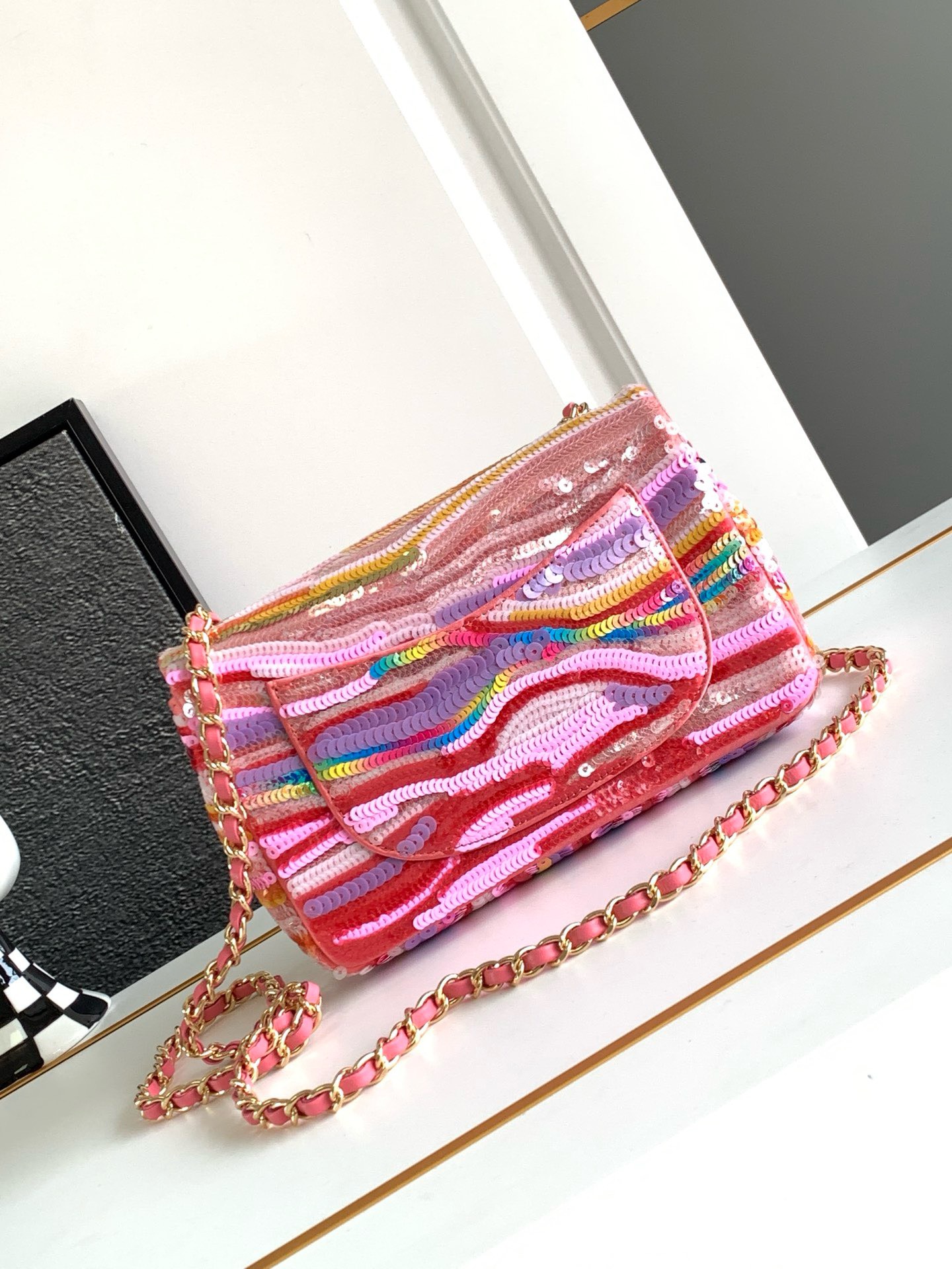 Bagsaaa Ch**el Mini Flap Bag Embroidered Satin, Sequins & Gold-Tone Metal Yellow, Purple & Pink