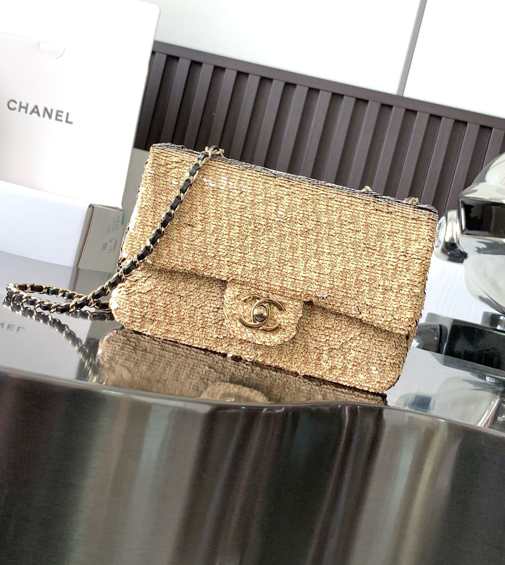 Bagsaaa Ch**el Mini Flap Bag Embroidered Satin, Sequins & Gold-Tone Metal Gold