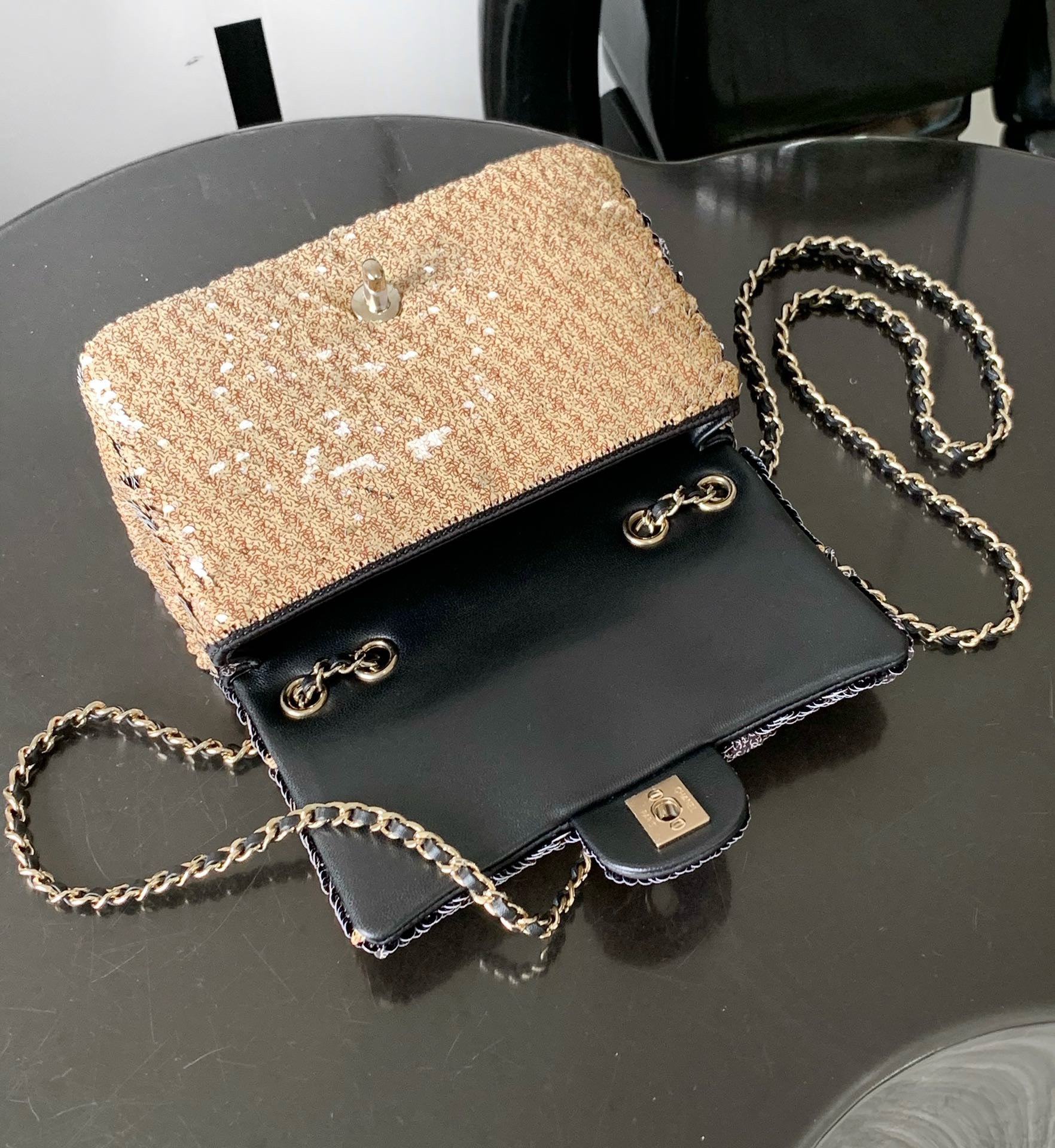 Bagsaaa Ch**el Mini Flap Bag Embroidered Satin, Sequins & Gold-Tone Metal Gold