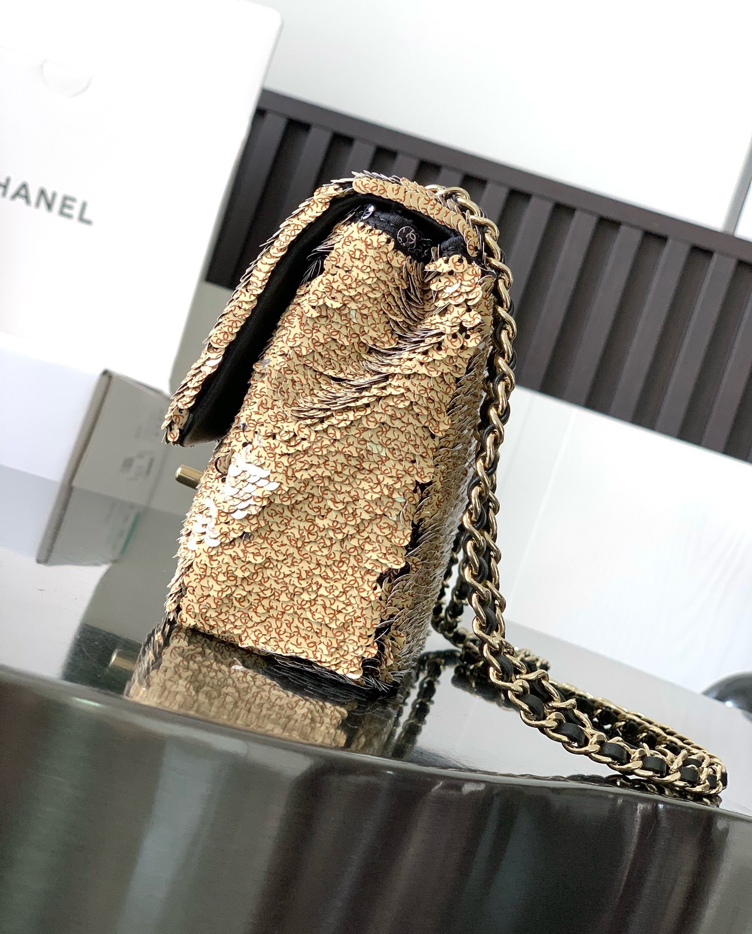 Bagsaaa Ch**el Mini Flap Bag Embroidered Satin, Sequins & Gold-Tone Metal Gold