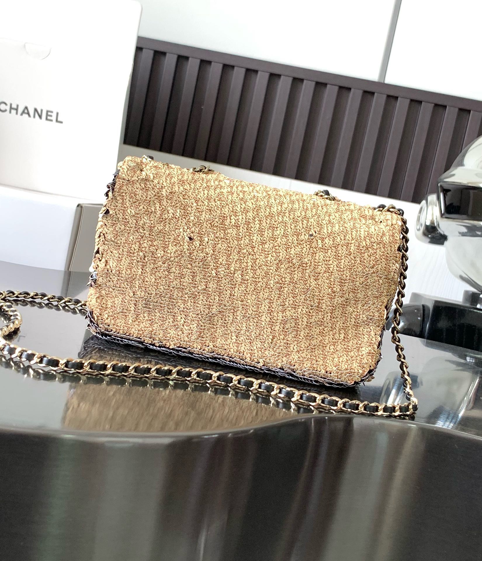 Bagsaaa Ch**el Mini Flap Bag Embroidered Satin, Sequins & Gold-Tone Metal Gold