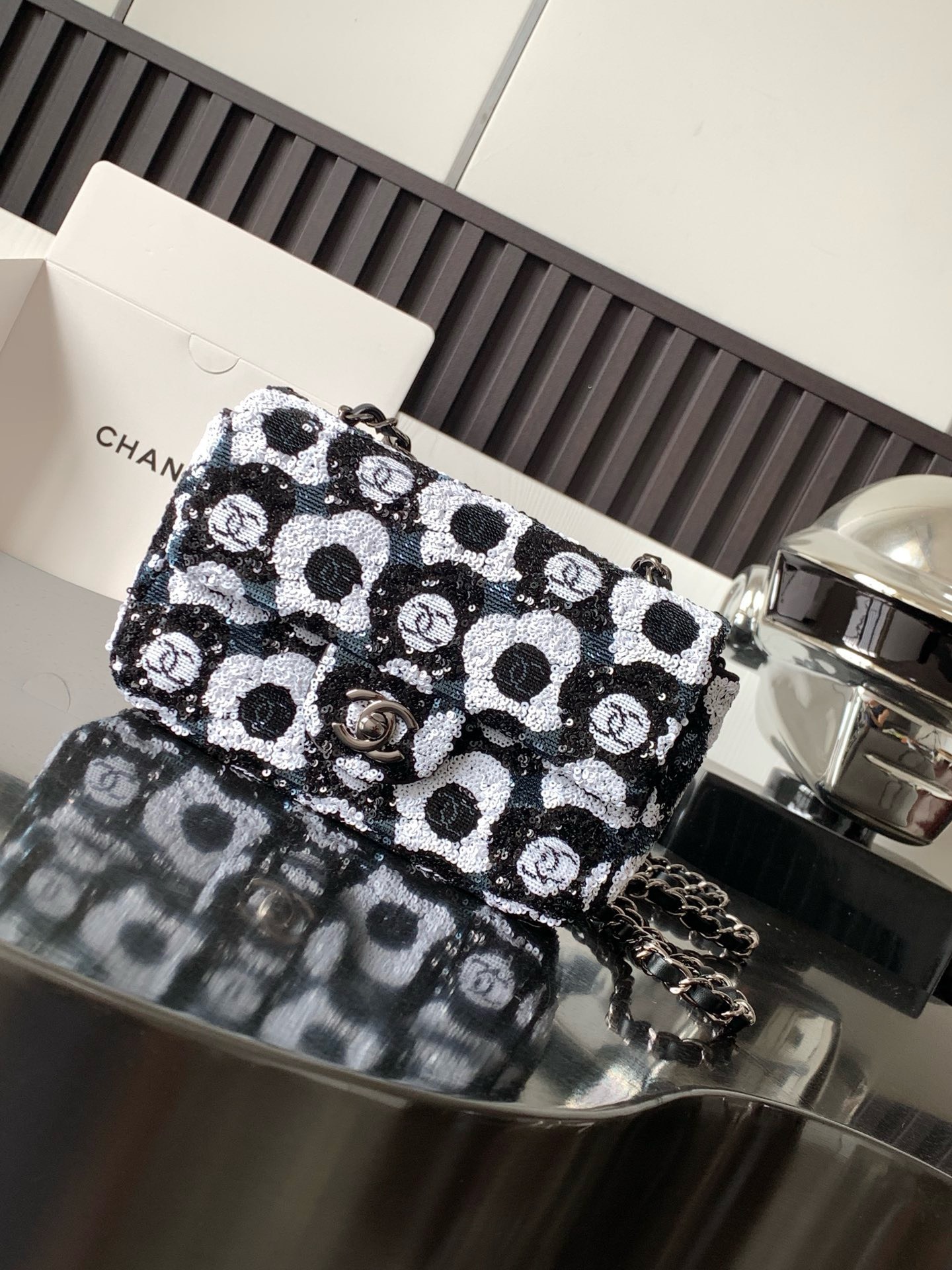 Bagsaaa Ch**el Mini Flap Bag Sequins & Ruthenium-Finish Metal Black, White & Blue