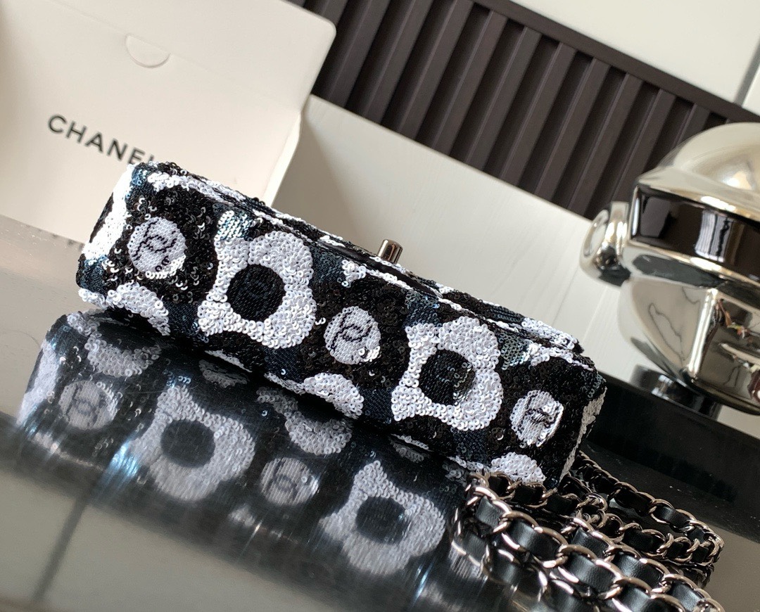Bagsaaa Ch**el Mini Flap Bag Sequins & Ruthenium-Finish Metal Black, White & Blue