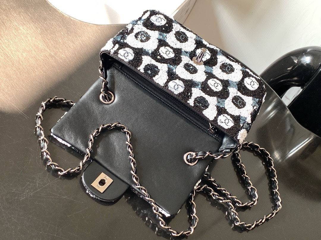 Bagsaaa Ch**el Mini Flap Bag Sequins & Ruthenium-Finish Metal Black, White & Blue