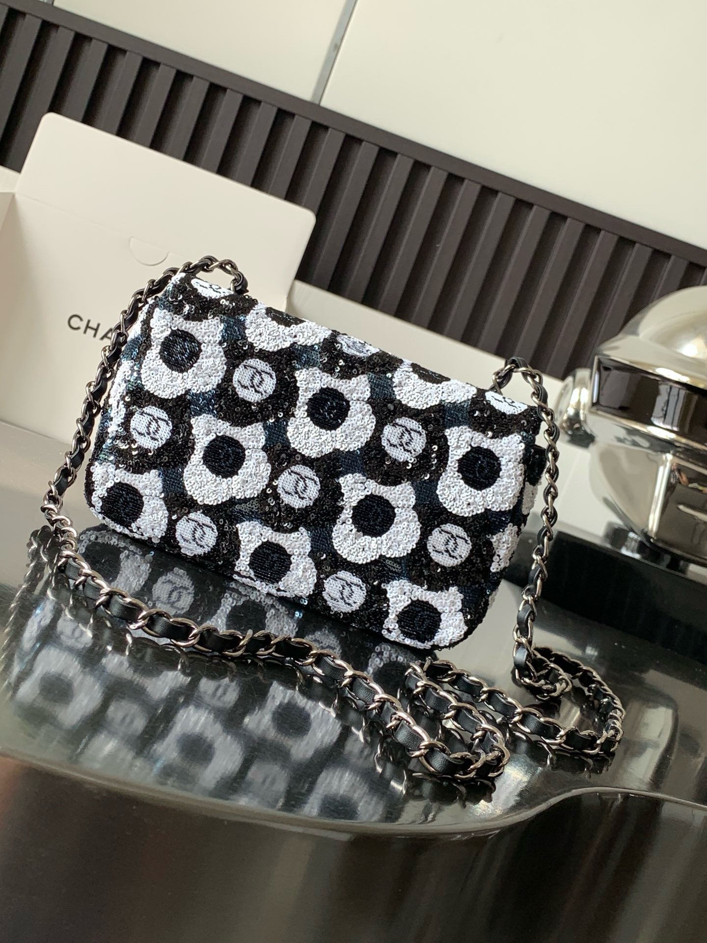 Bagsaaa Ch**el Mini Flap Bag Sequins & Ruthenium-Finish Metal Black, White & Blue
