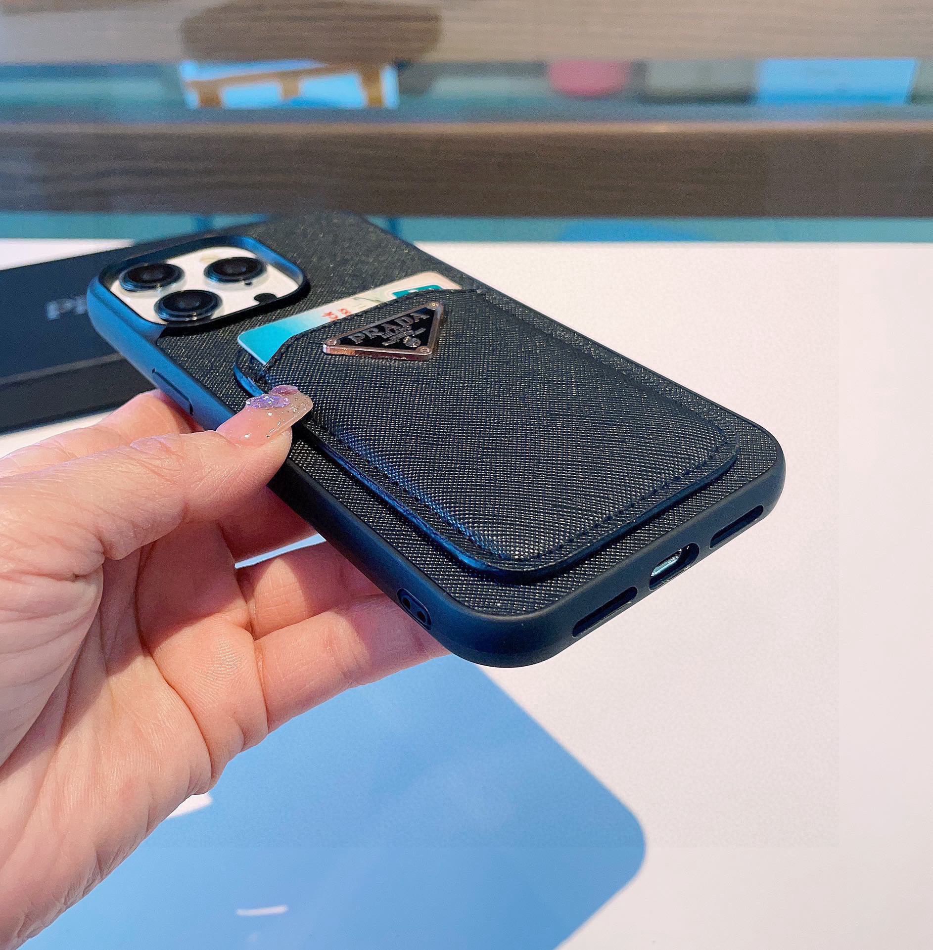 Bagsaaa Pra*a Saffiano Black Leather Phone Case