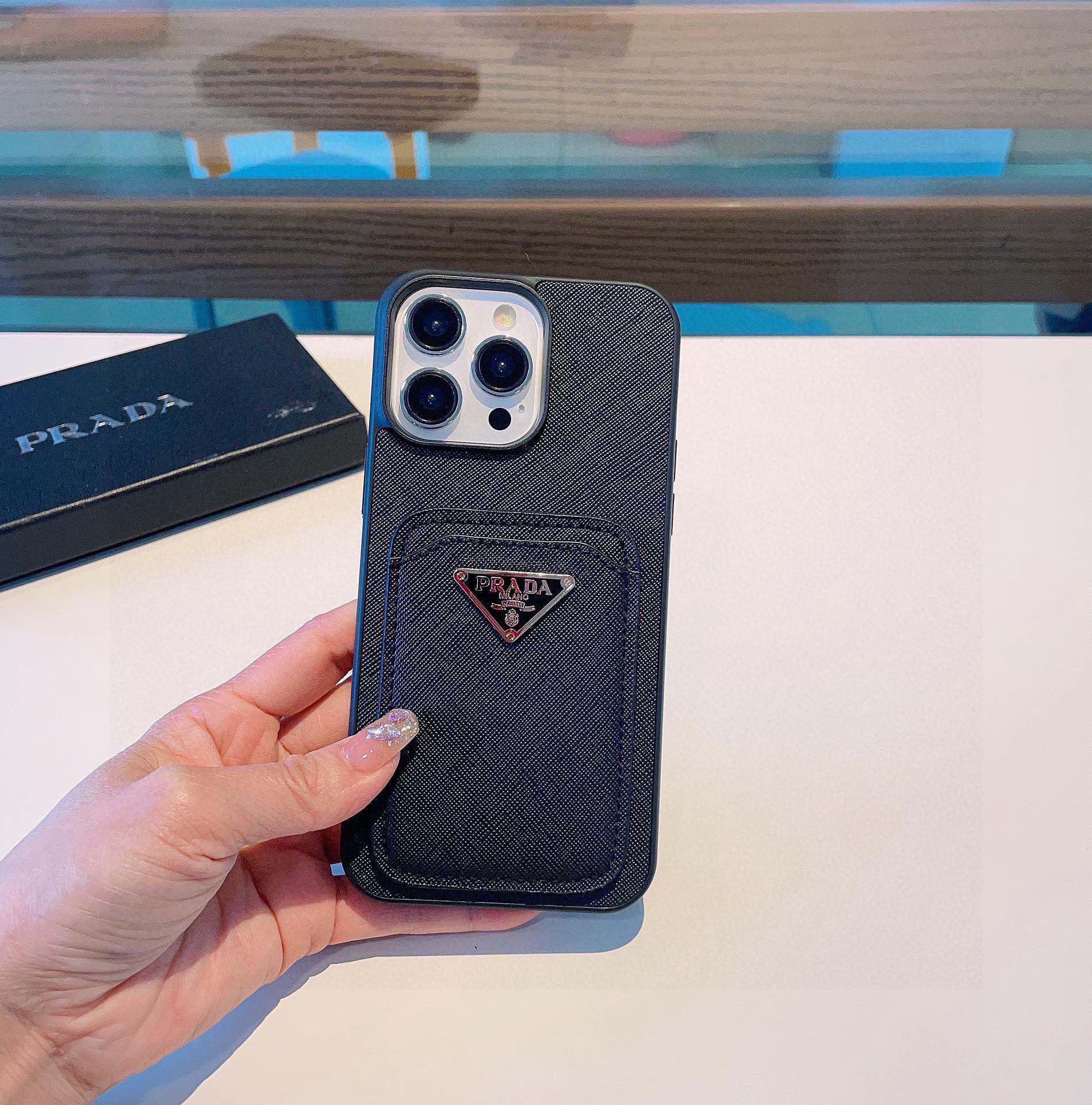 Bagsaaa Pra*a Saffiano Black Leather Phone Case
