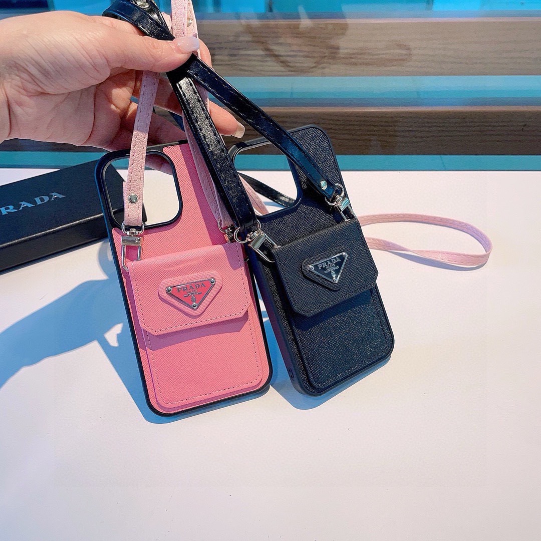 Bagsaaa Pra*a Saffiano Leather With Strap Phone Case