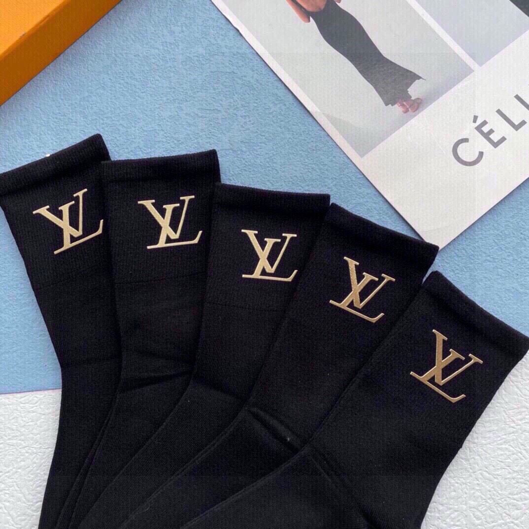 Bagsaaa L0vis Vvtt0n Gold LV Logo Black Socks Set