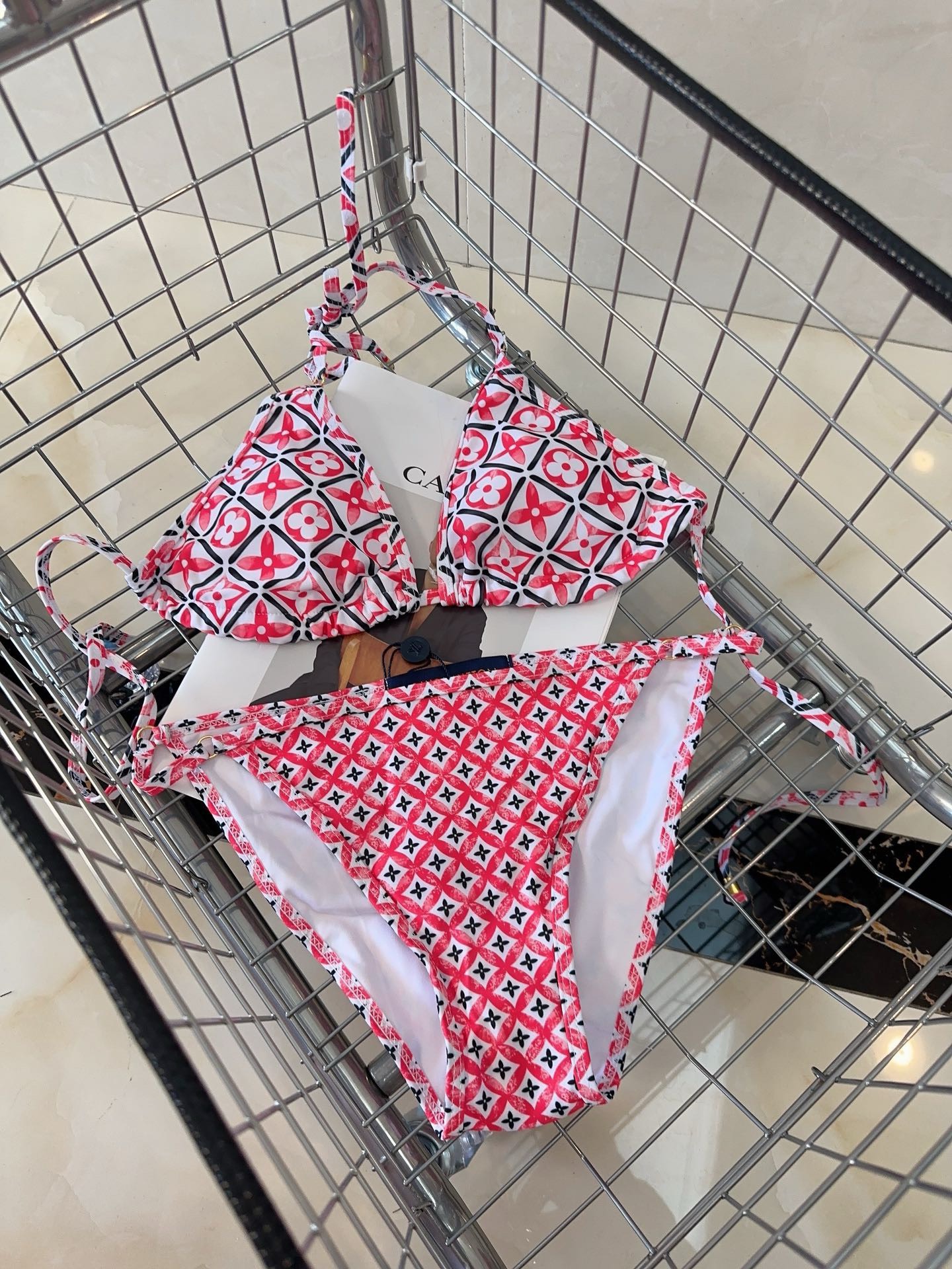 Bagsaaa L0vis Vvtt0n Red Monogram Flower Tile Bikini