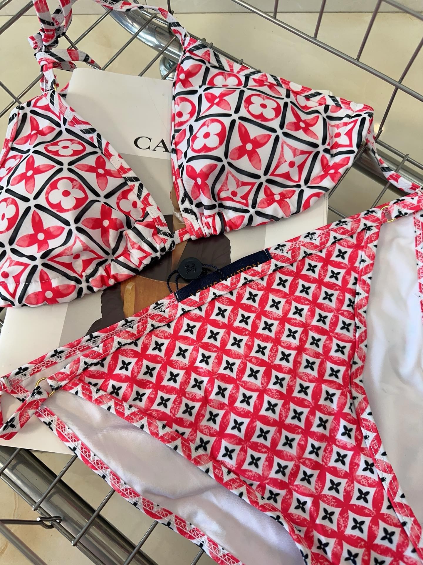 Bagsaaa L0vis Vvtt0n Red Monogram Flower Tile Bikini