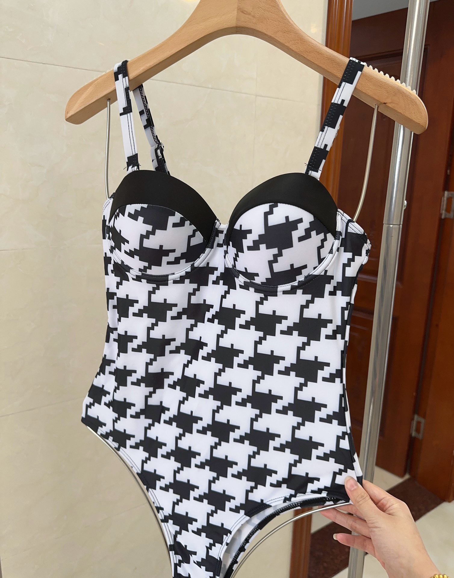 Bagsaaa D10r Houndstooth Pattern Black One Piece