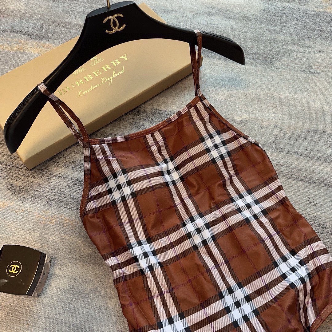 Bagsaaa Bv*b*rry Checked Pattern Brown One Piece Swimwear
