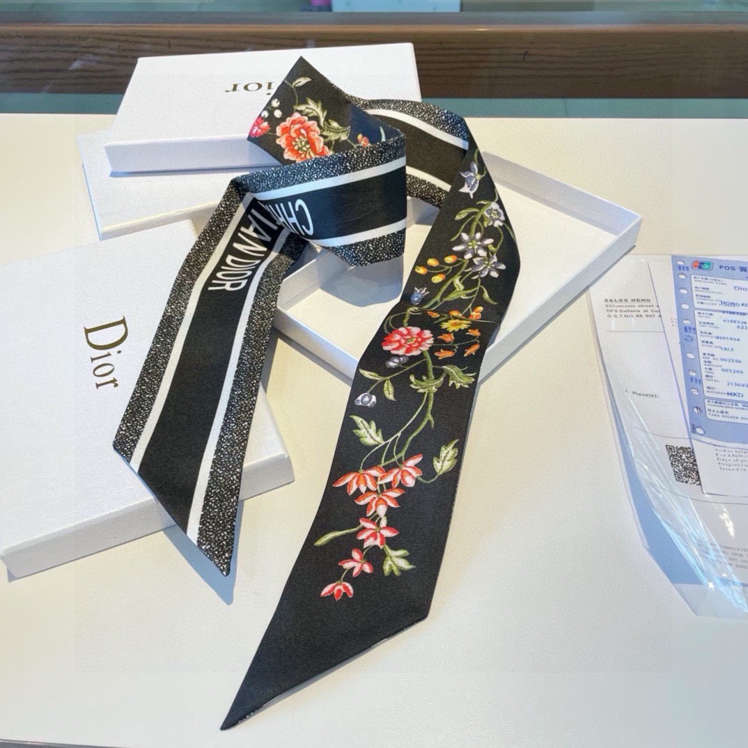 Bagsaaa D10r D-Floral Mitzah ScarfBlack Multicolor Silk Twilly - 6 x 105 cm