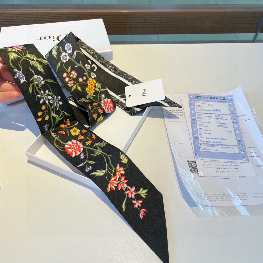 Bagsaaa D10r D-Floral Mitzah ScarfBlack Multicolor Silk Twilly - 6 x 105 cm