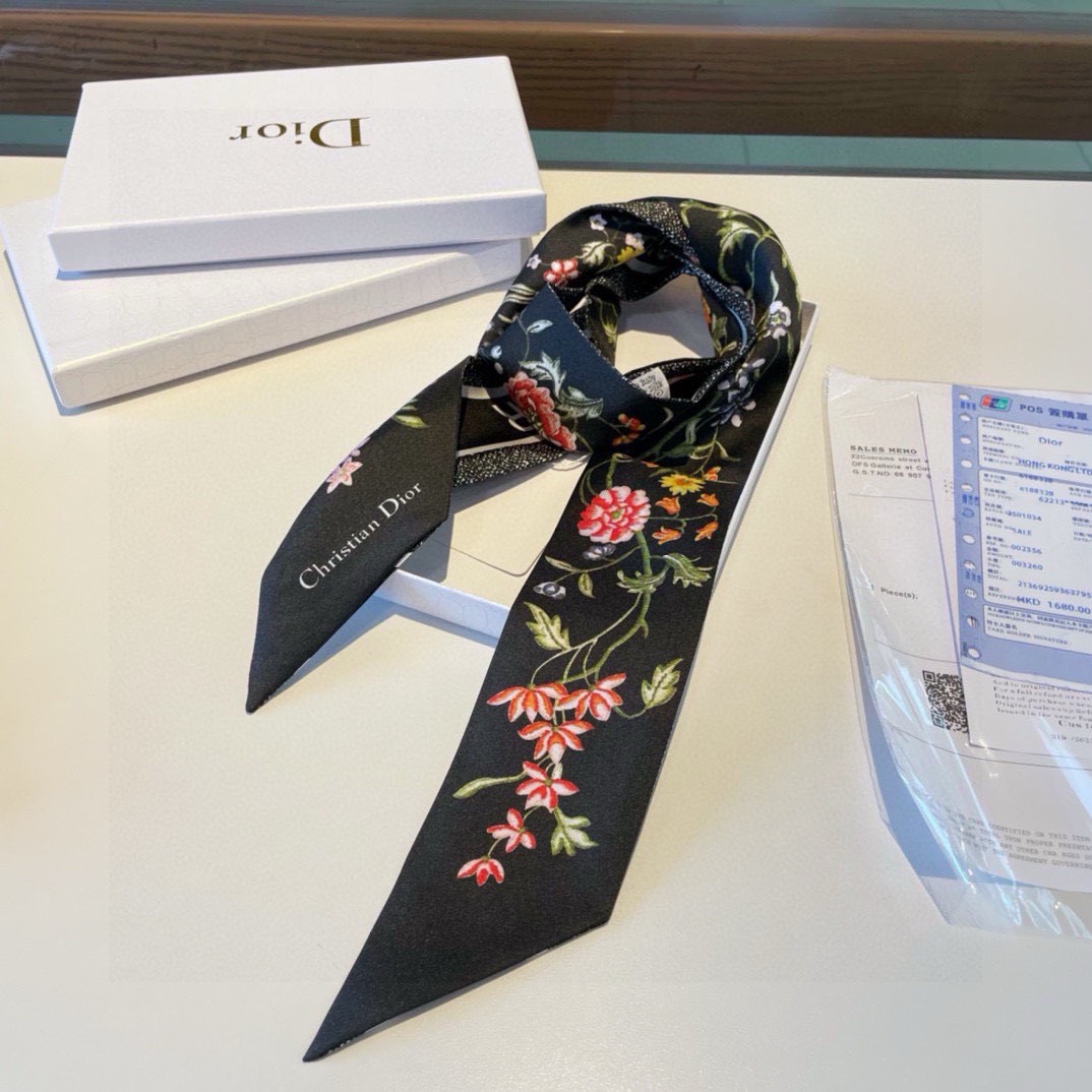 Bagsaaa D10r D-Floral Mitzah ScarfBlack Multicolor Silk Twilly - 6 x 105 cm