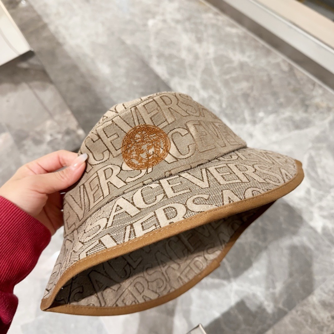 Bagsaaa Versace Allover Front Logo Brown cotton bucket hat