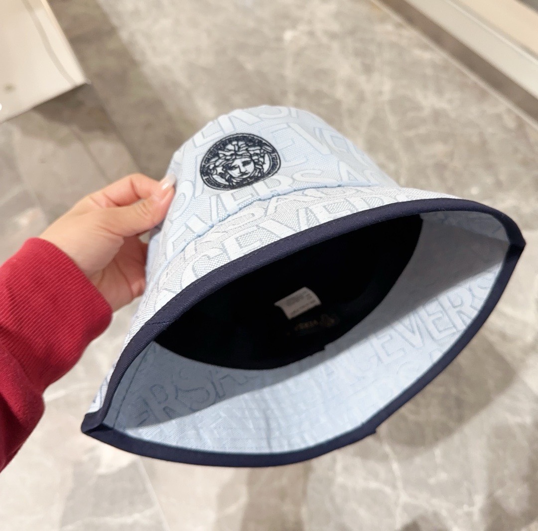 Bagsaaa Versace Allover Front Logo Blue cotton bucket hat
