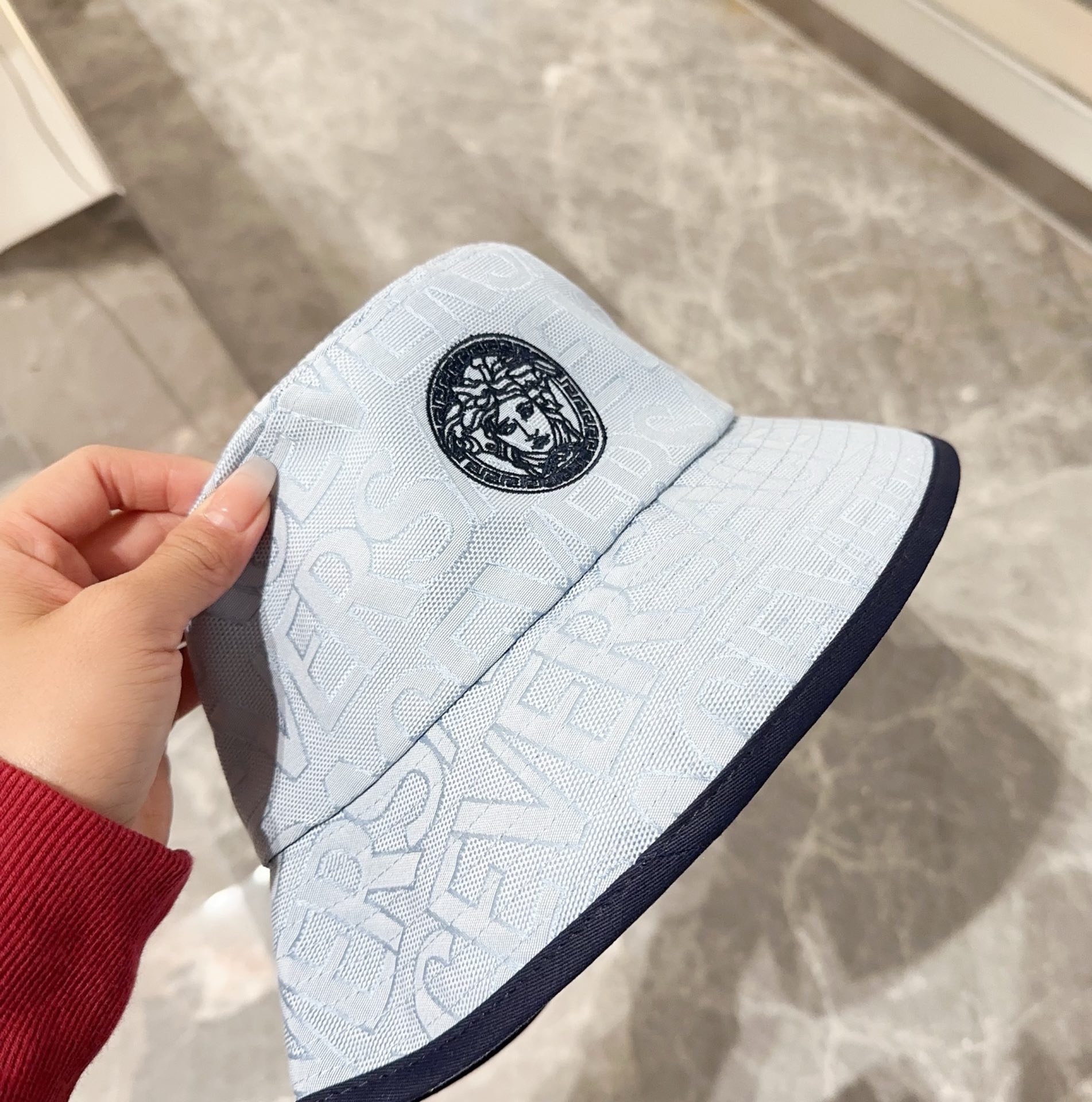 Bagsaaa Versace Allover Front Logo Blue cotton bucket hat