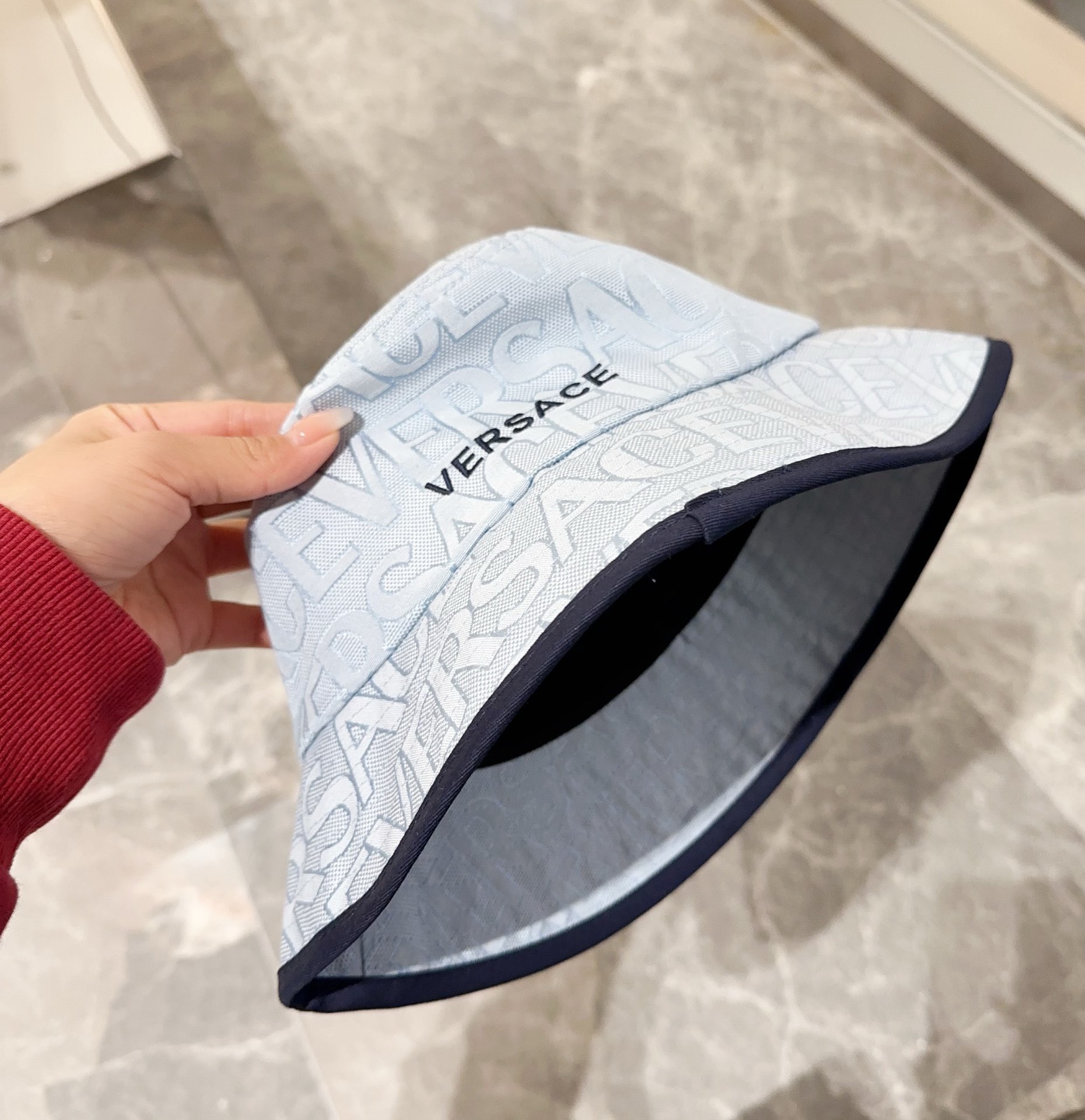 Bagsaaa Versace Allover Front Logo Blue cotton bucket hat