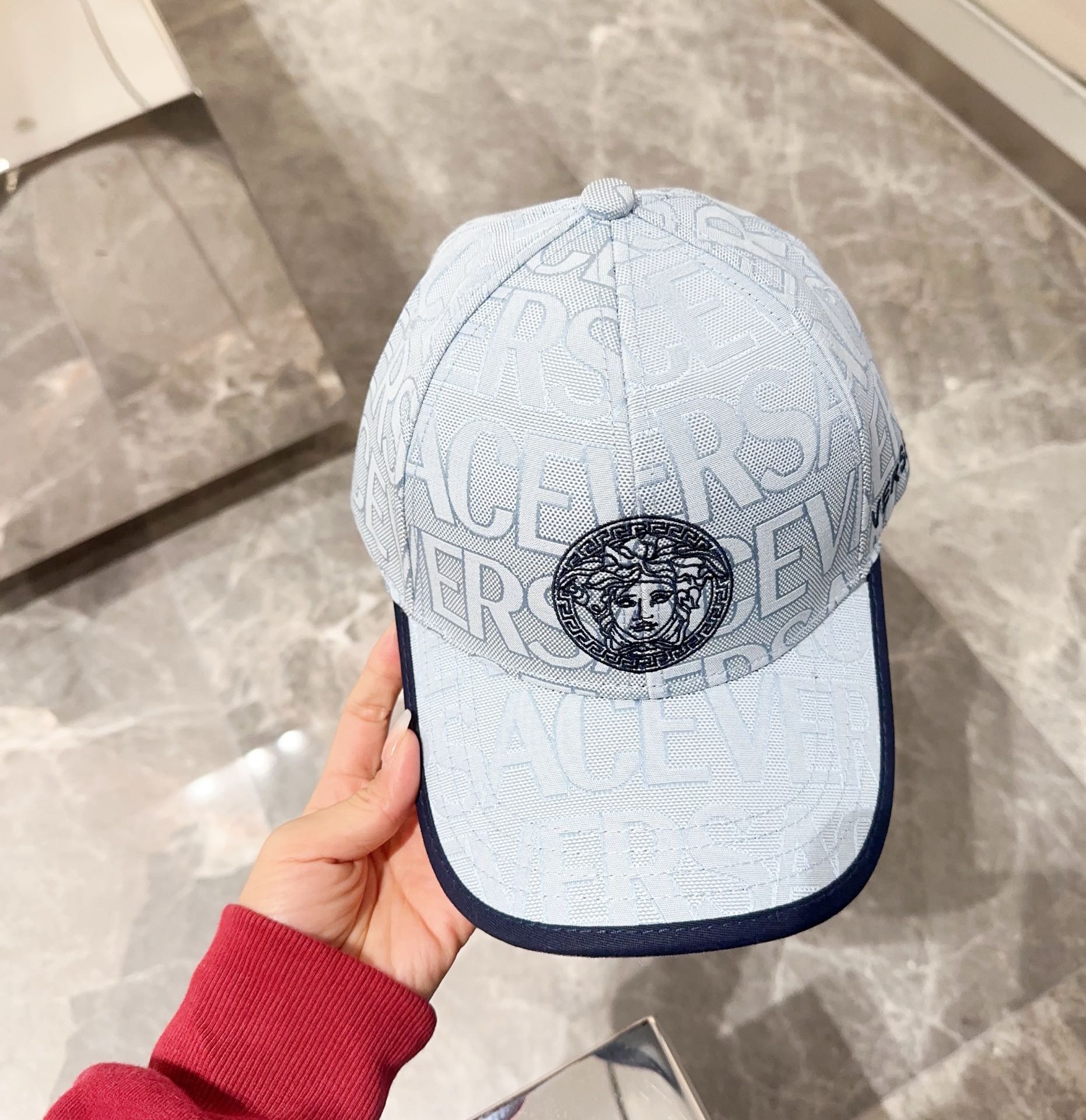 Bagsaaa Versace Allover Front Logo Blue cotton cap