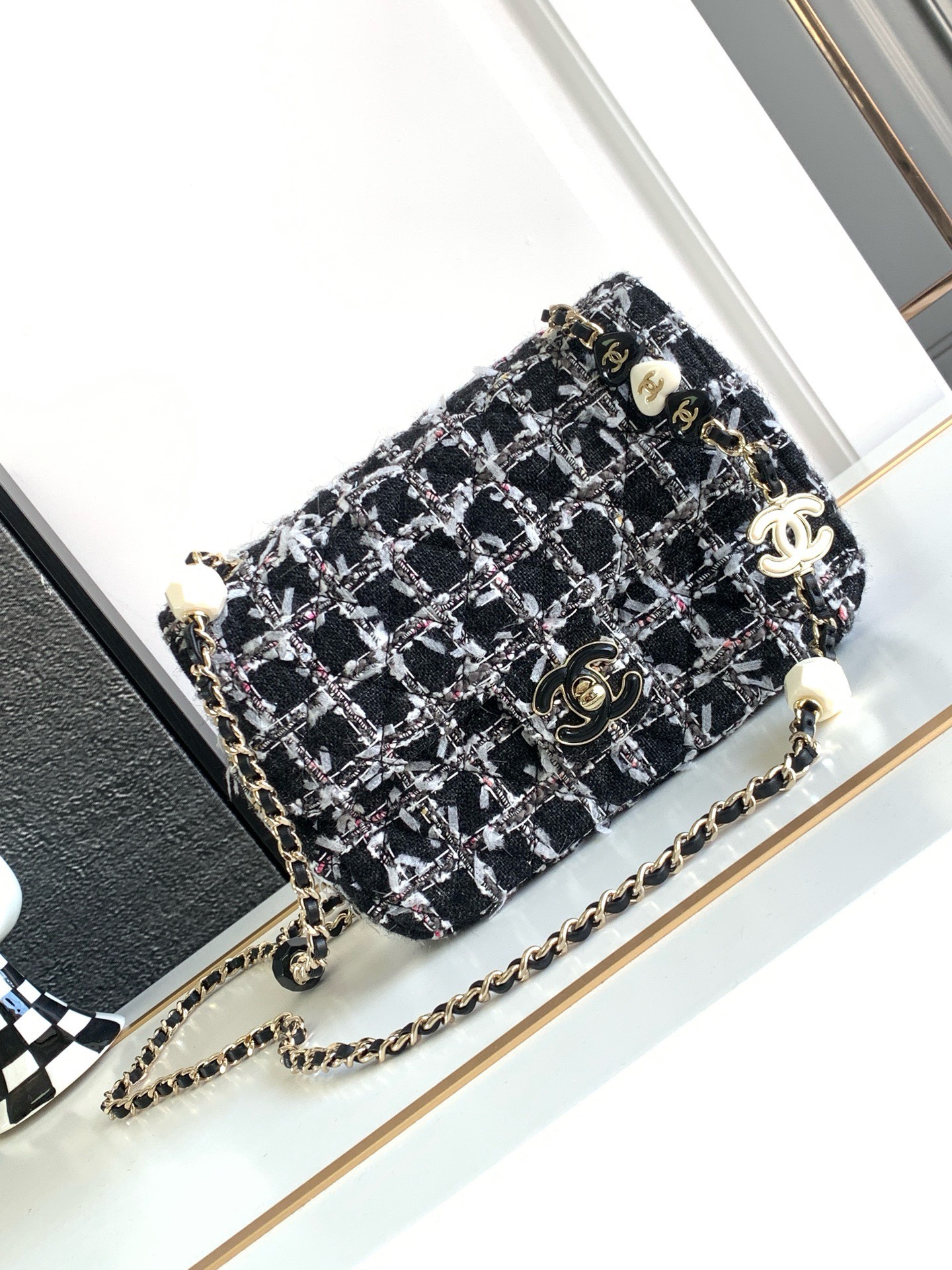 Bagsaaa Ch**el 23K Crossbody & Shoulder Tweed Black Bag - 19cm