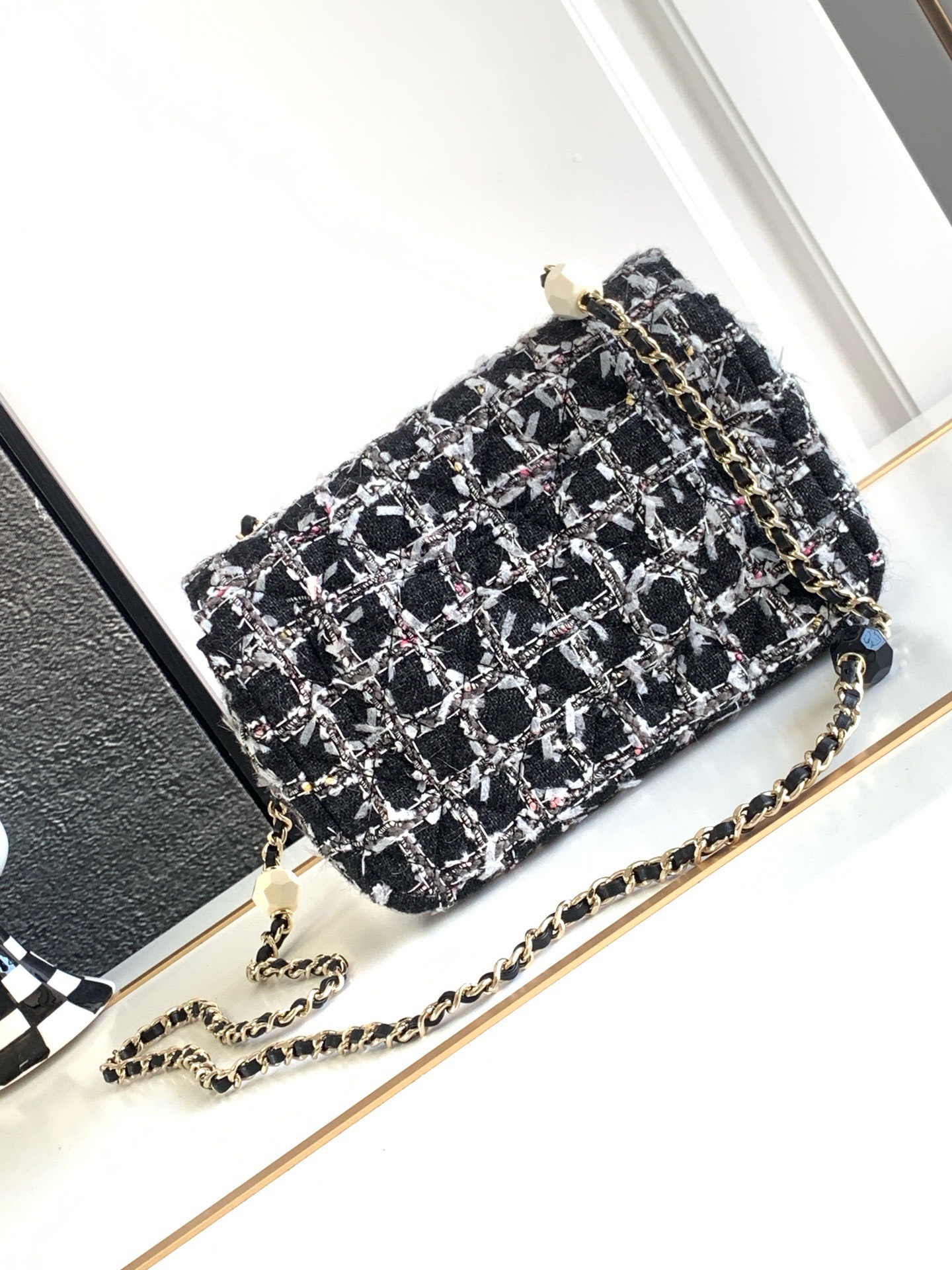 Bagsaaa Ch**el 23K Crossbody & Shoulder Tweed Black Bag - 19cm