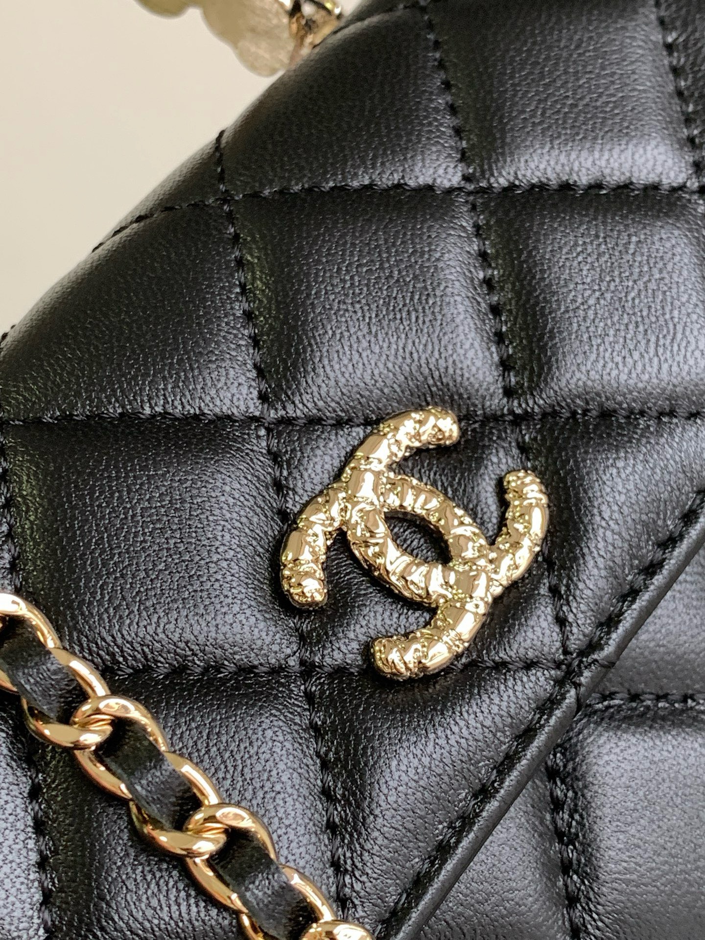 Bagsaaa Ch**el WOC Flower Handle In Black Lambskin - 19cm 02