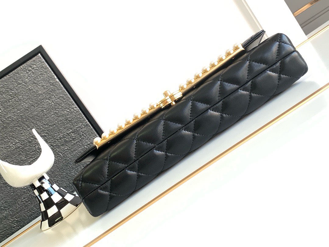 Bagsaaa Ch**el Clutch Black Lambskin Imitation Pearls AS4455 - 15 × 30 × 4 cm
