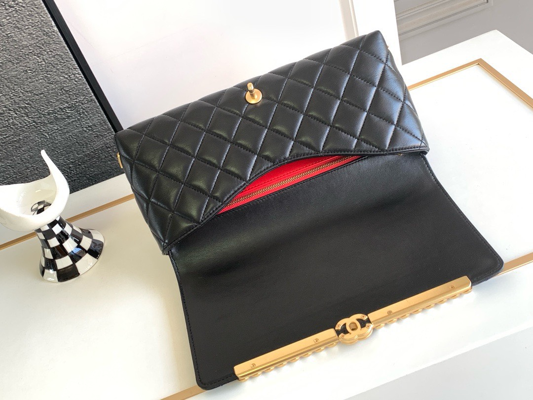 Bagsaaa Ch**el Clutch Black Lambskin Imitation Pearls AS4455 - 15 × 30 × 4 cm
