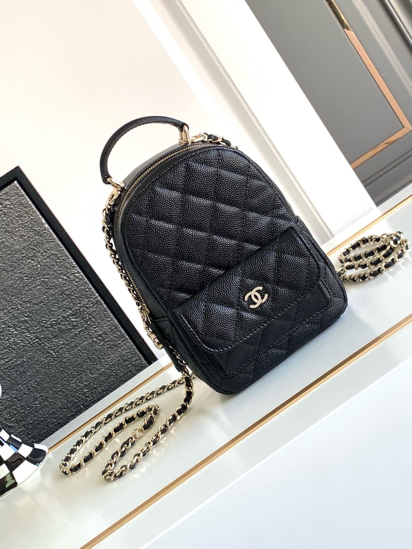 Bagsaaa Ch**el Backpack Caviar Leather - 18x13x9cm