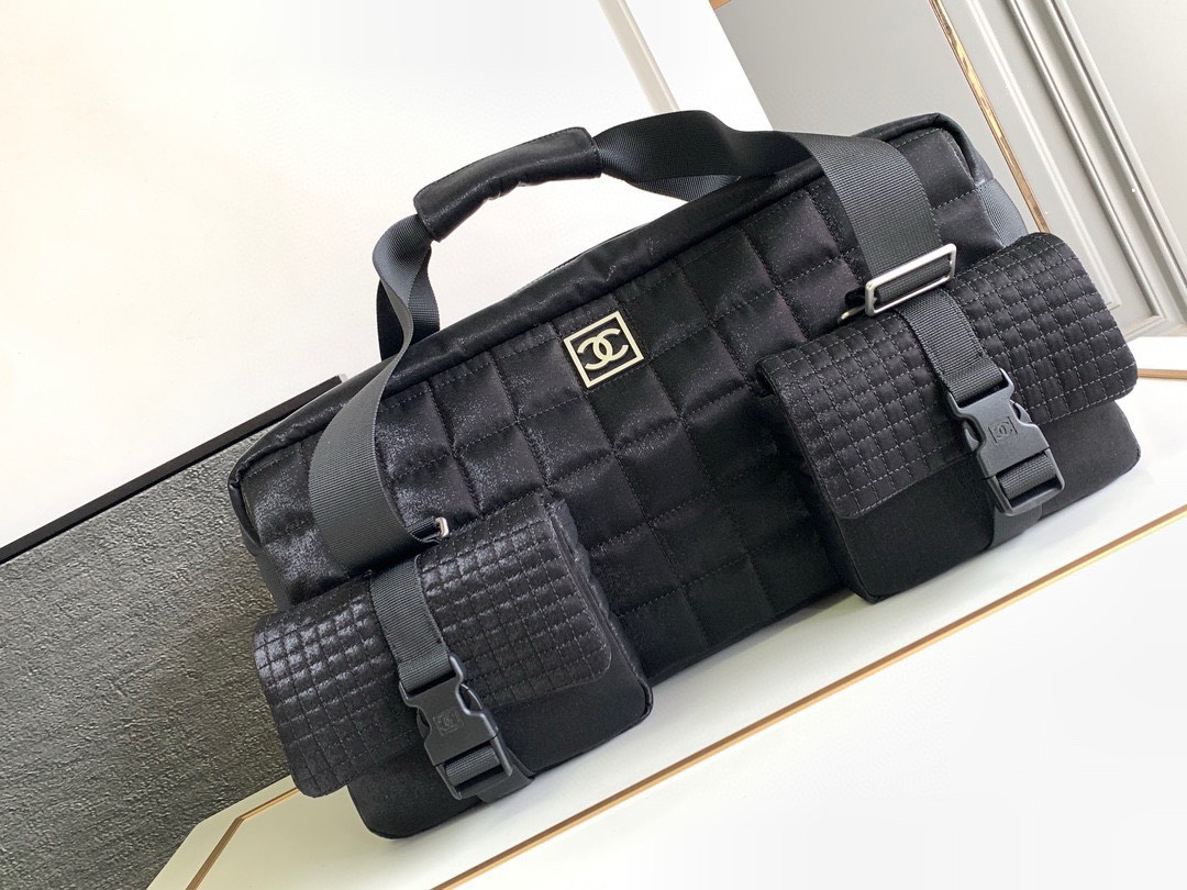 Bagsaaa Ch**el Sport Line Double Pocket Duffle Bag Quilted Nylon Large 
