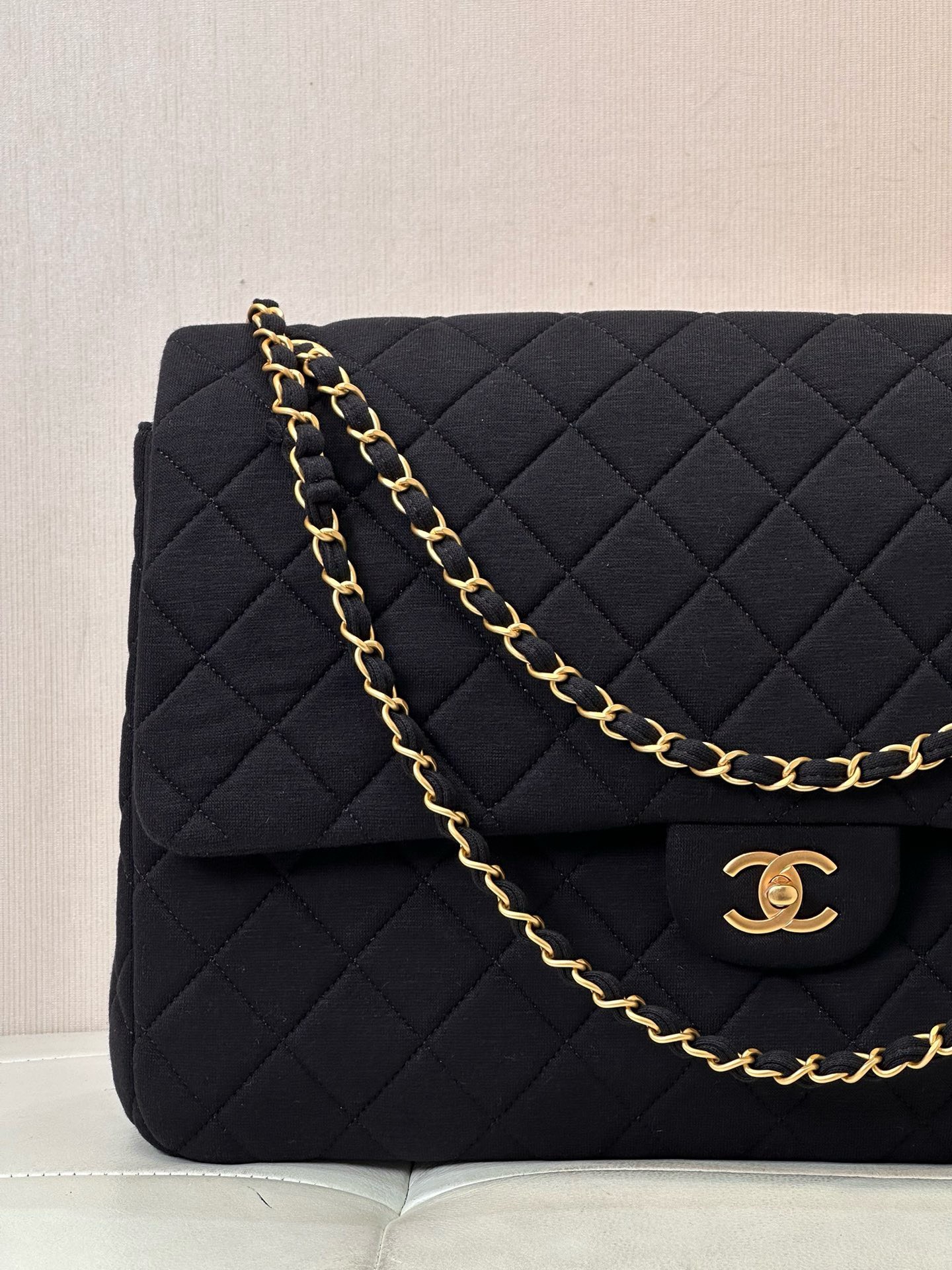 Bagsaaa Ch**el Jersey Quilted XL Jumbo Flap Black