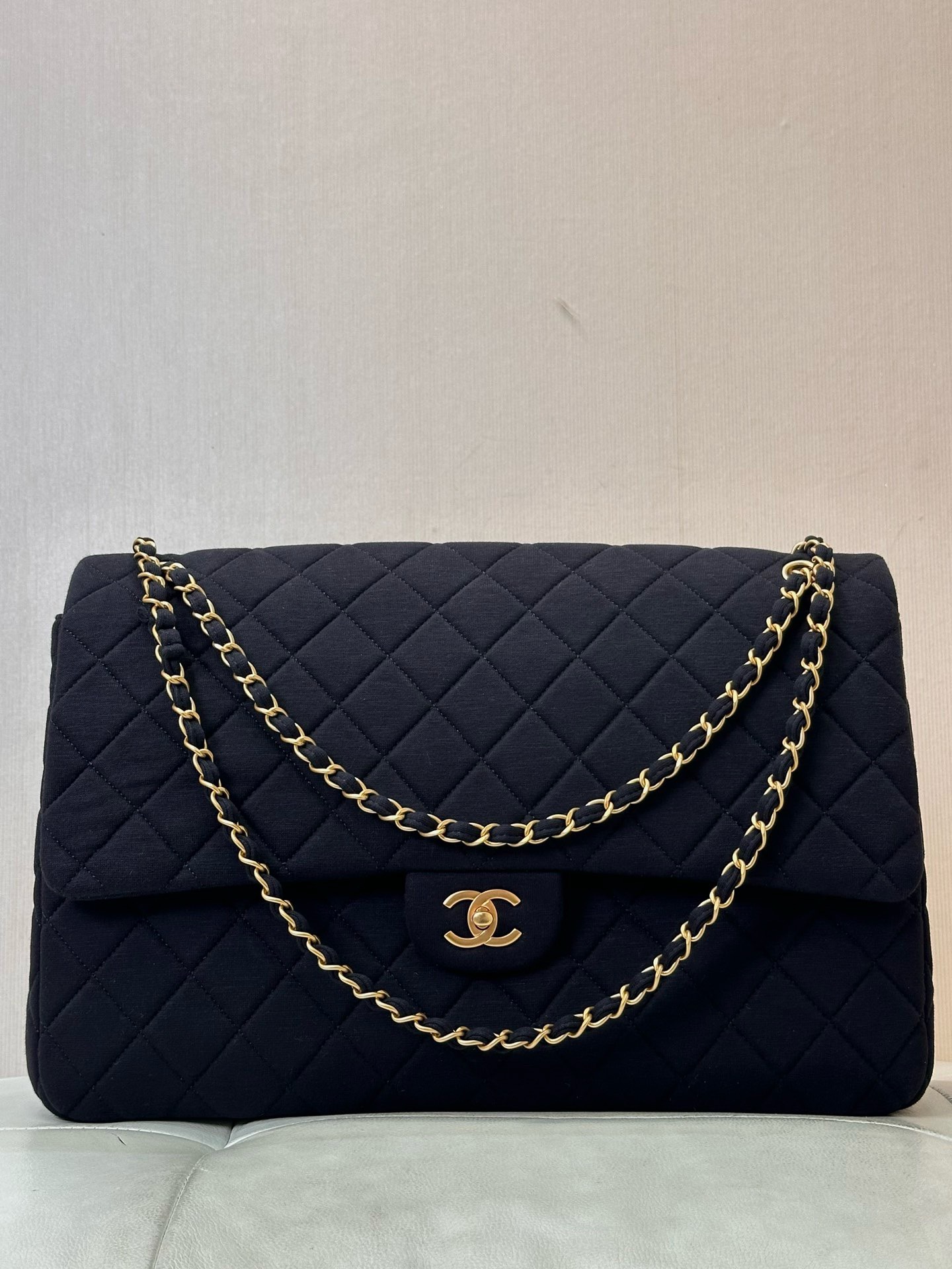 Bagsaaa Ch**el Jersey Quilted XL Jumbo Flap Green