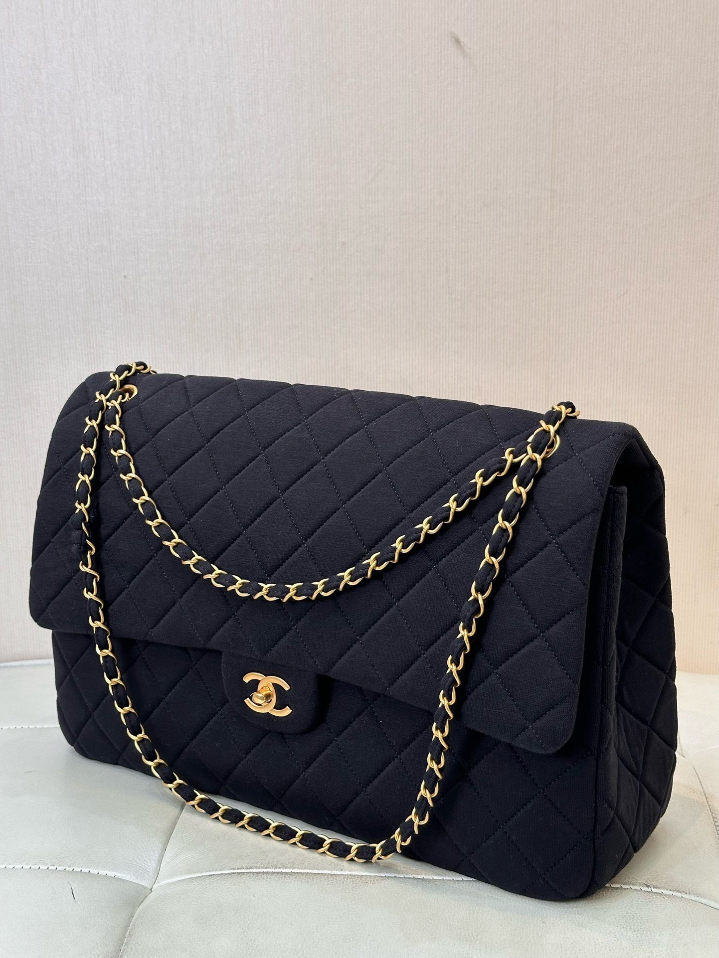 Bagsaaa Ch**el Jersey Quilted XL Jumbo Flap Green