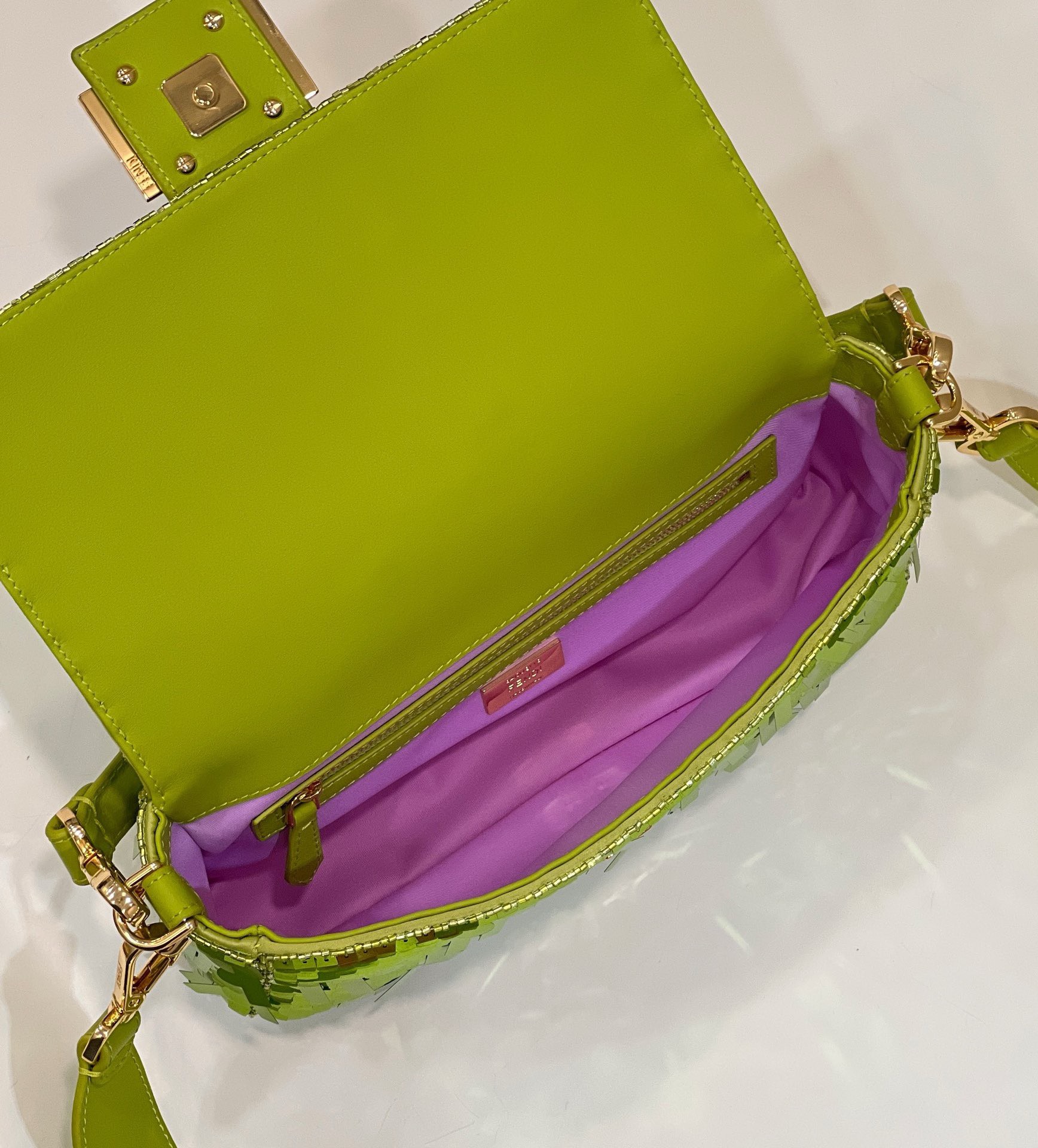 Bagsaaa F**di Baguette Acid green sequin and leather bag - 27x15x6cm